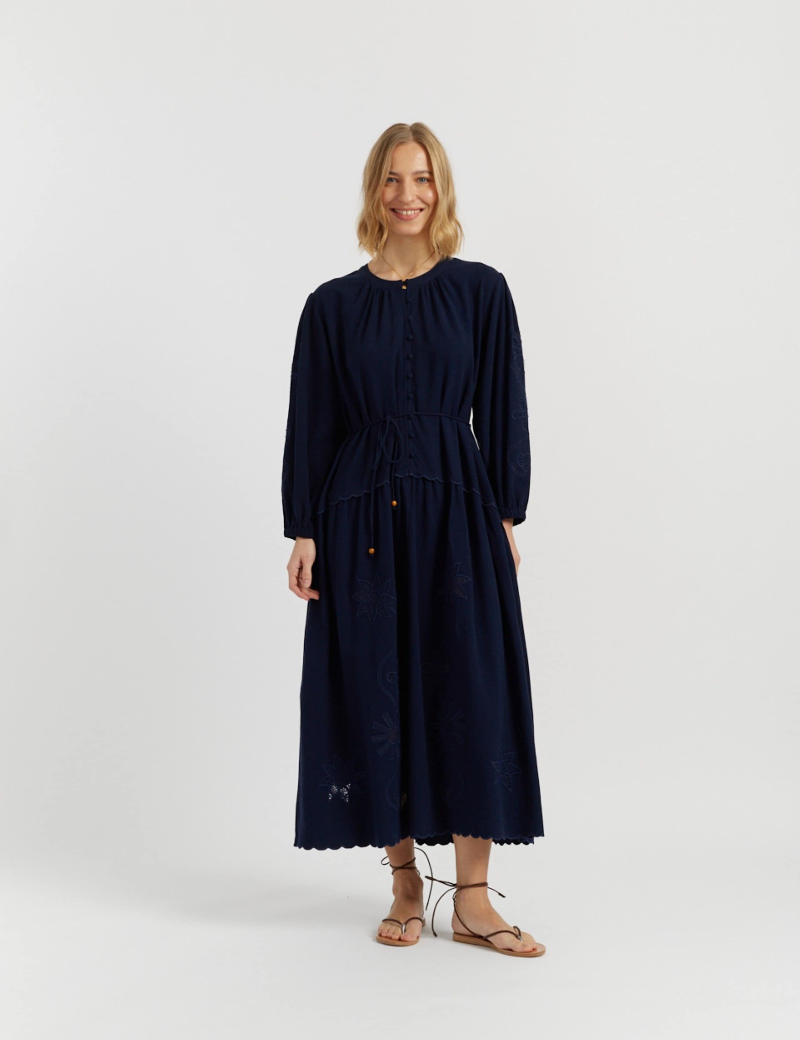 Broderie Maxi Waisted Dress with Linen 1 of 5