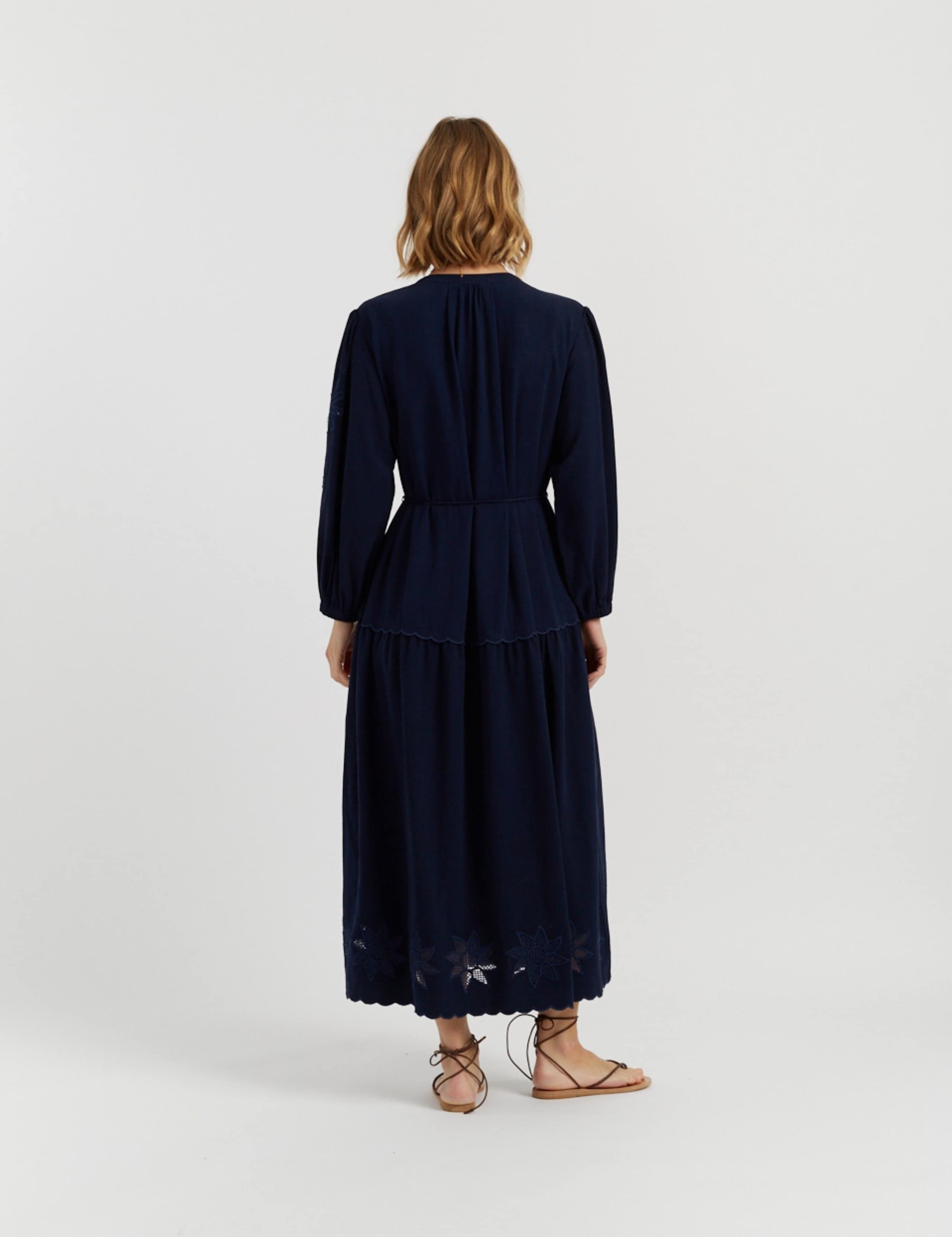 Broderie Maxi Waisted Dress with Linen 2 of 5