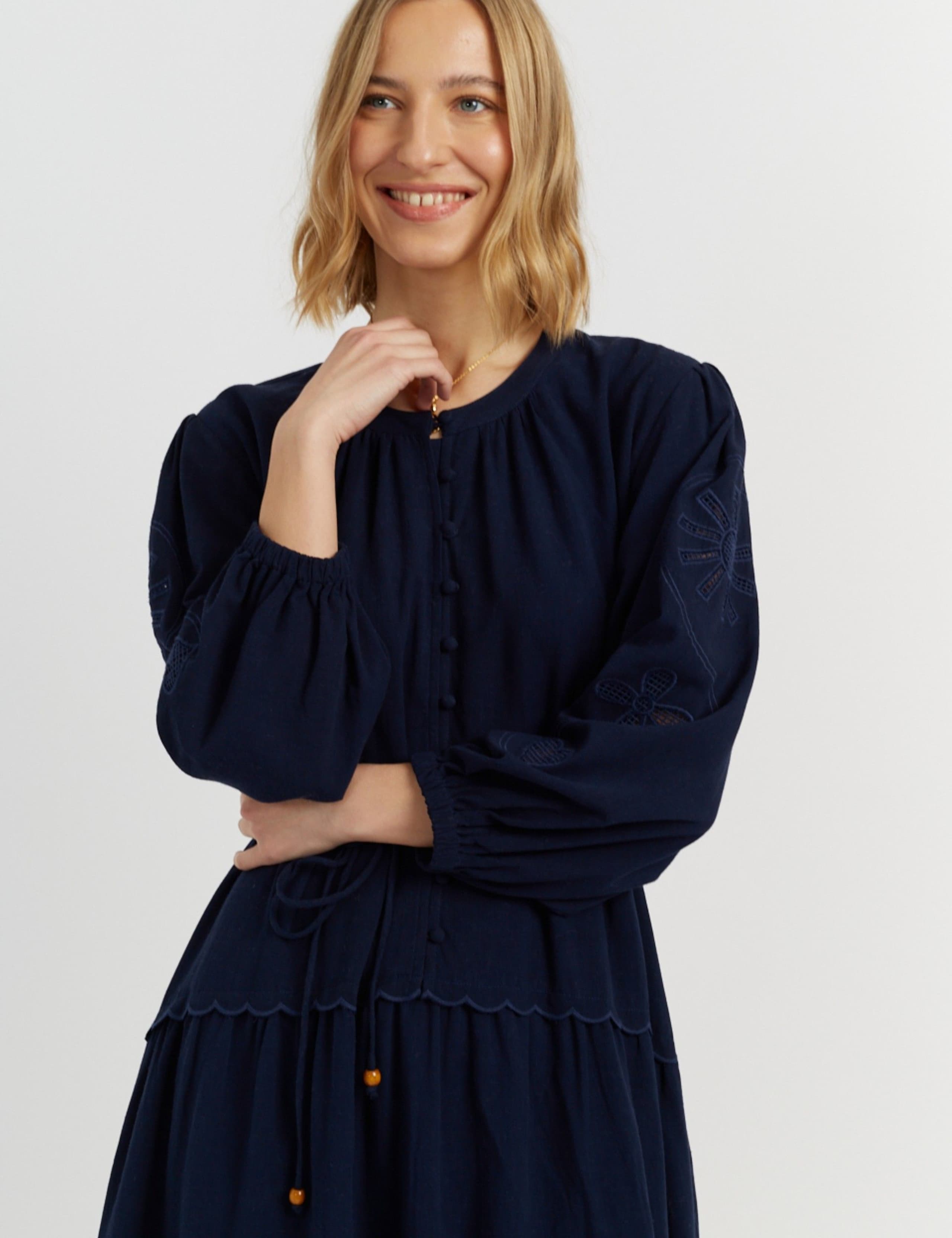 Broderie Maxi Waisted Dress with Linen 3 of 5