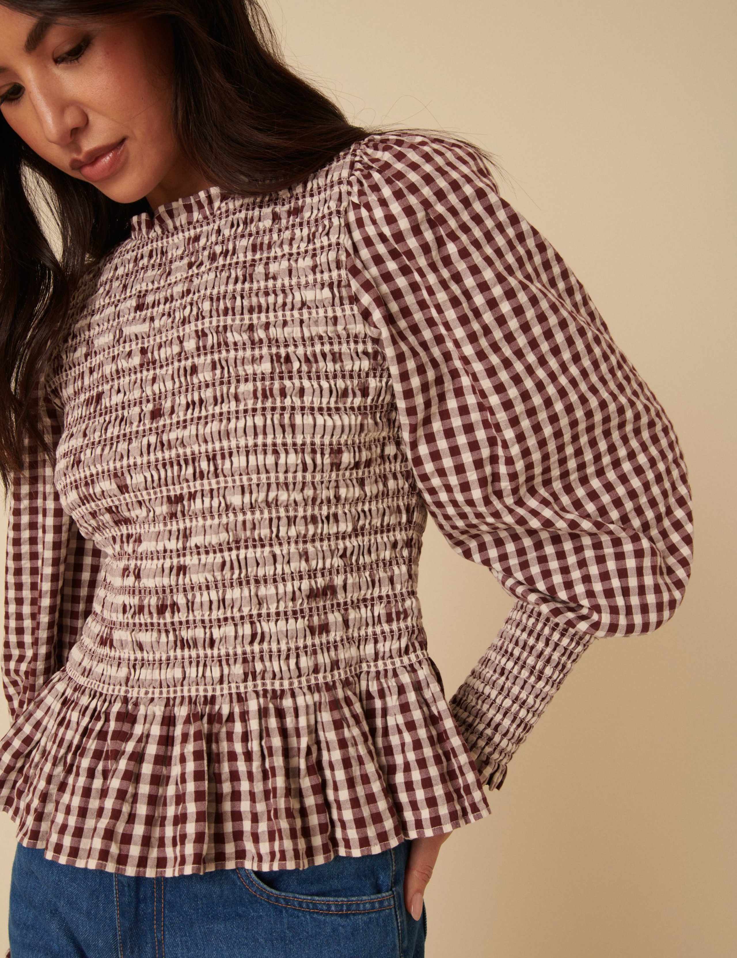 Pure Cotton Gingham Crew Neck Blouse 2 of 5