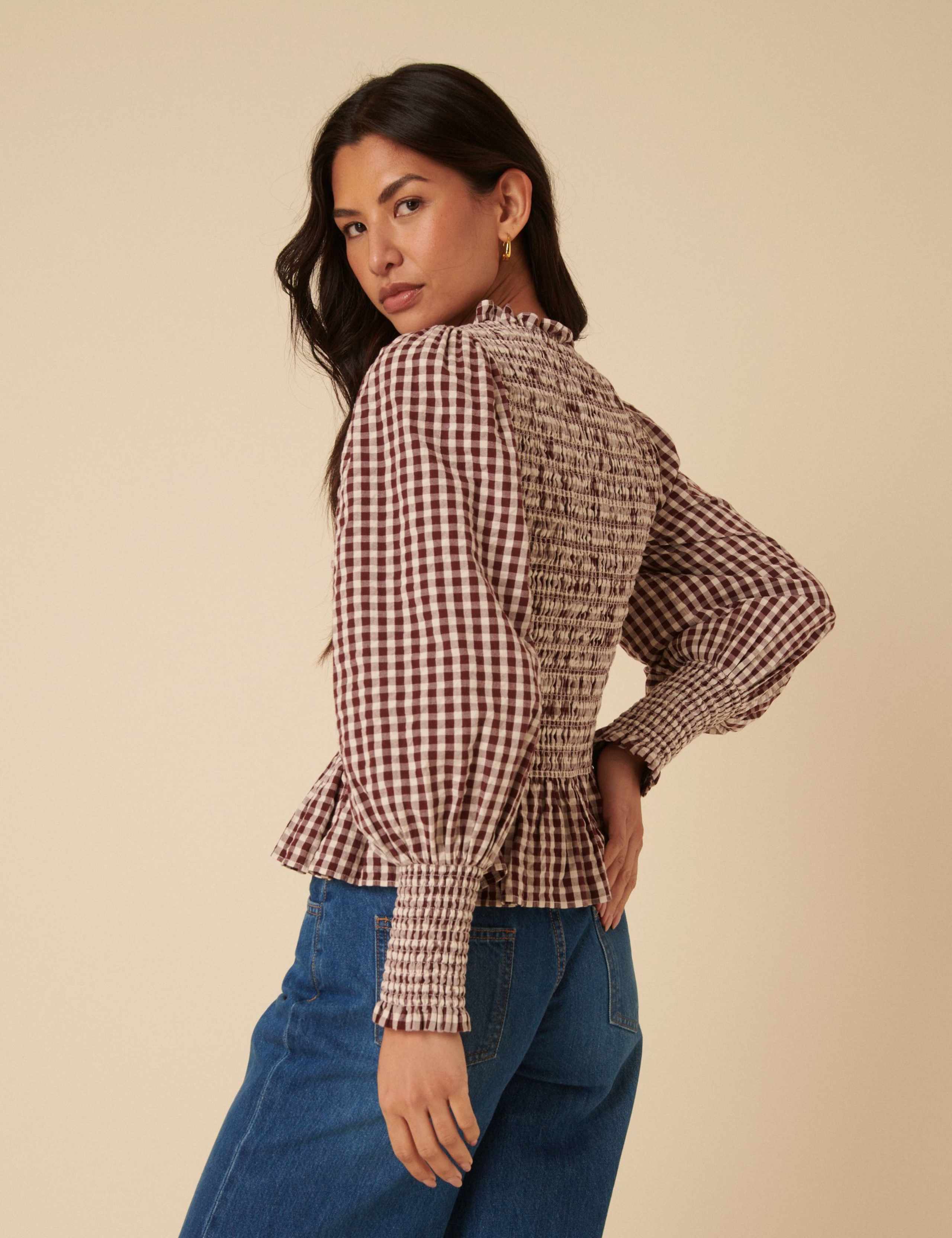 Pure Cotton Gingham Crew Neck Blouse 3 of 5