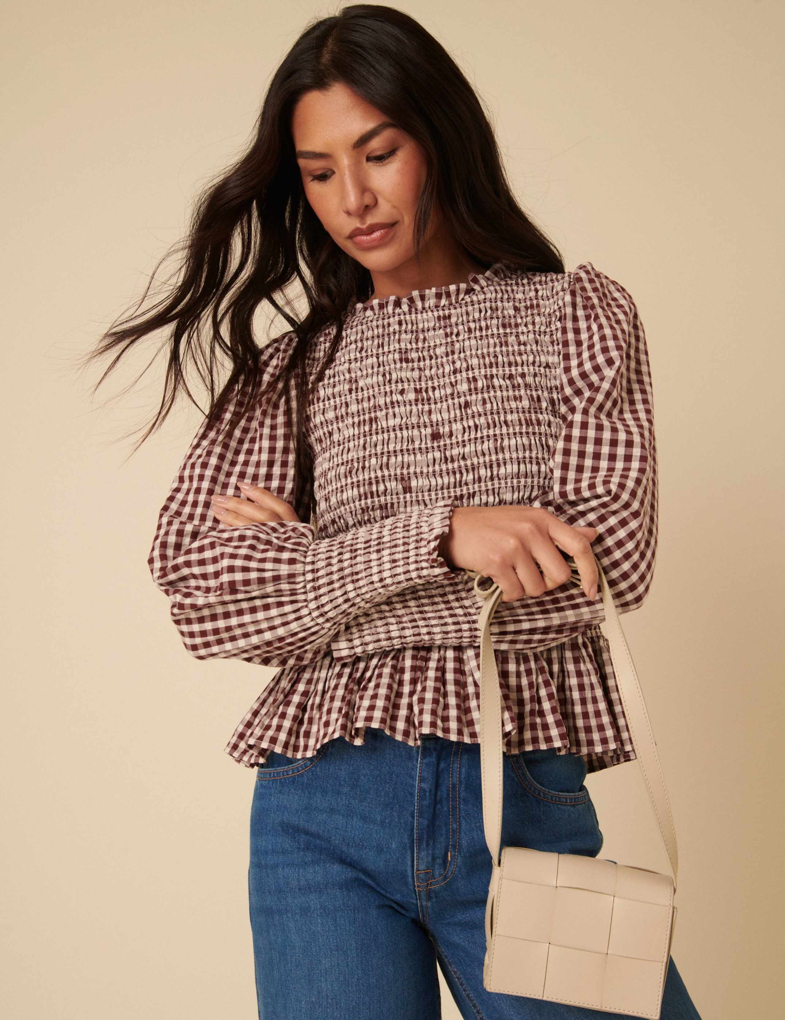 Pure Cotton Gingham Crew Neck Blouse 4 of 5