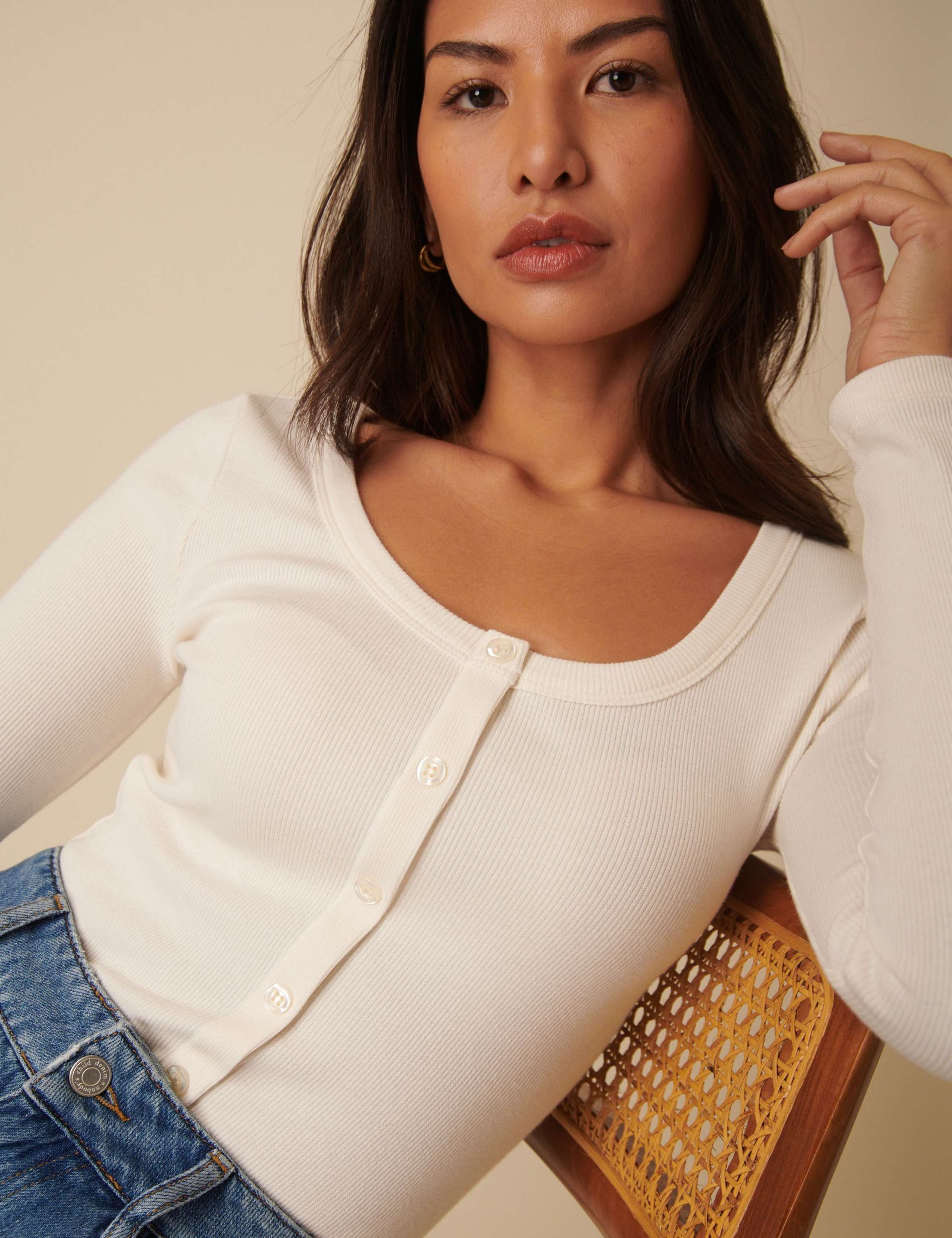 Cotton Rich Scoop Neck Button Through Top 1 of 4