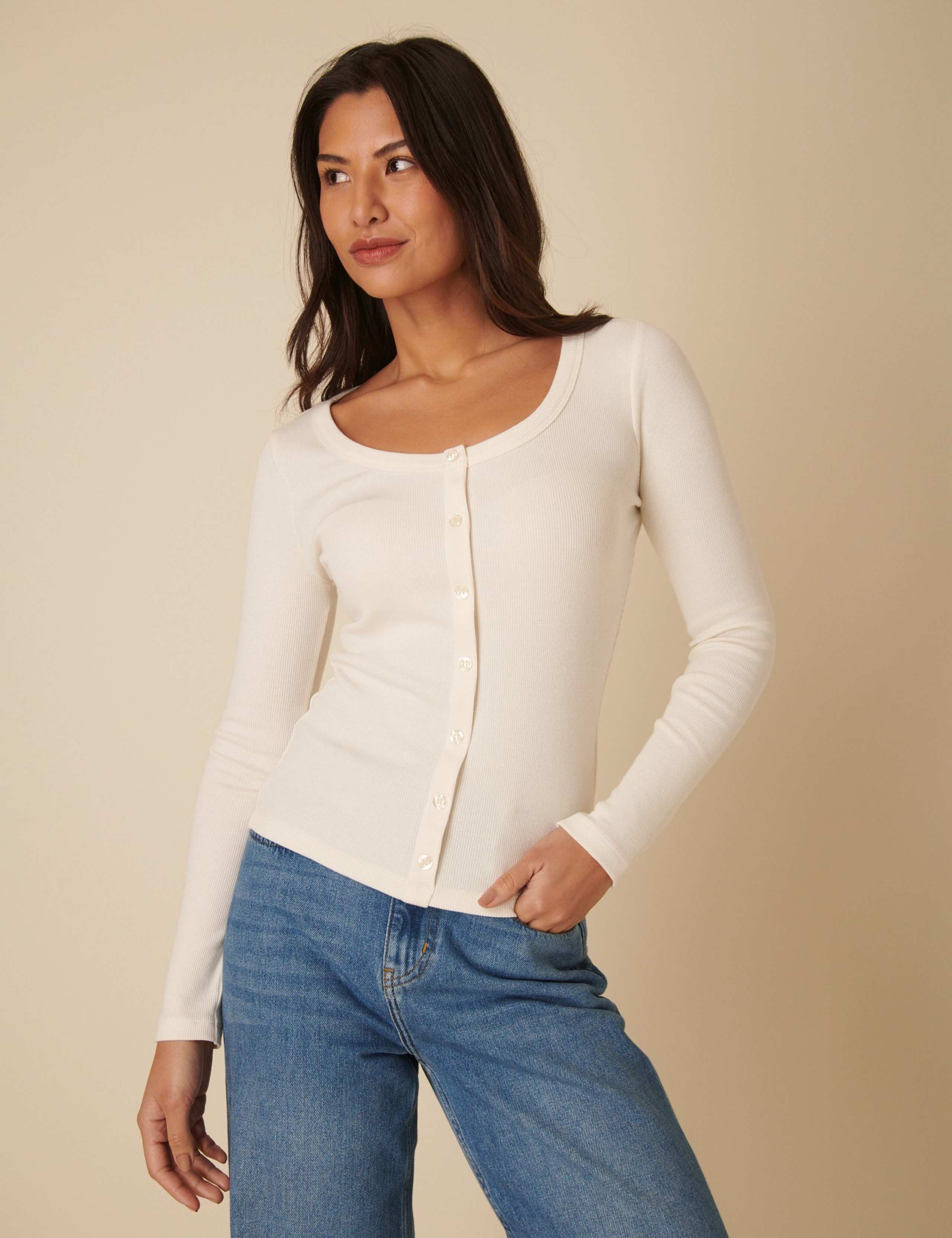 Cotton Rich Scoop Neck Button Through Top 2 of 4