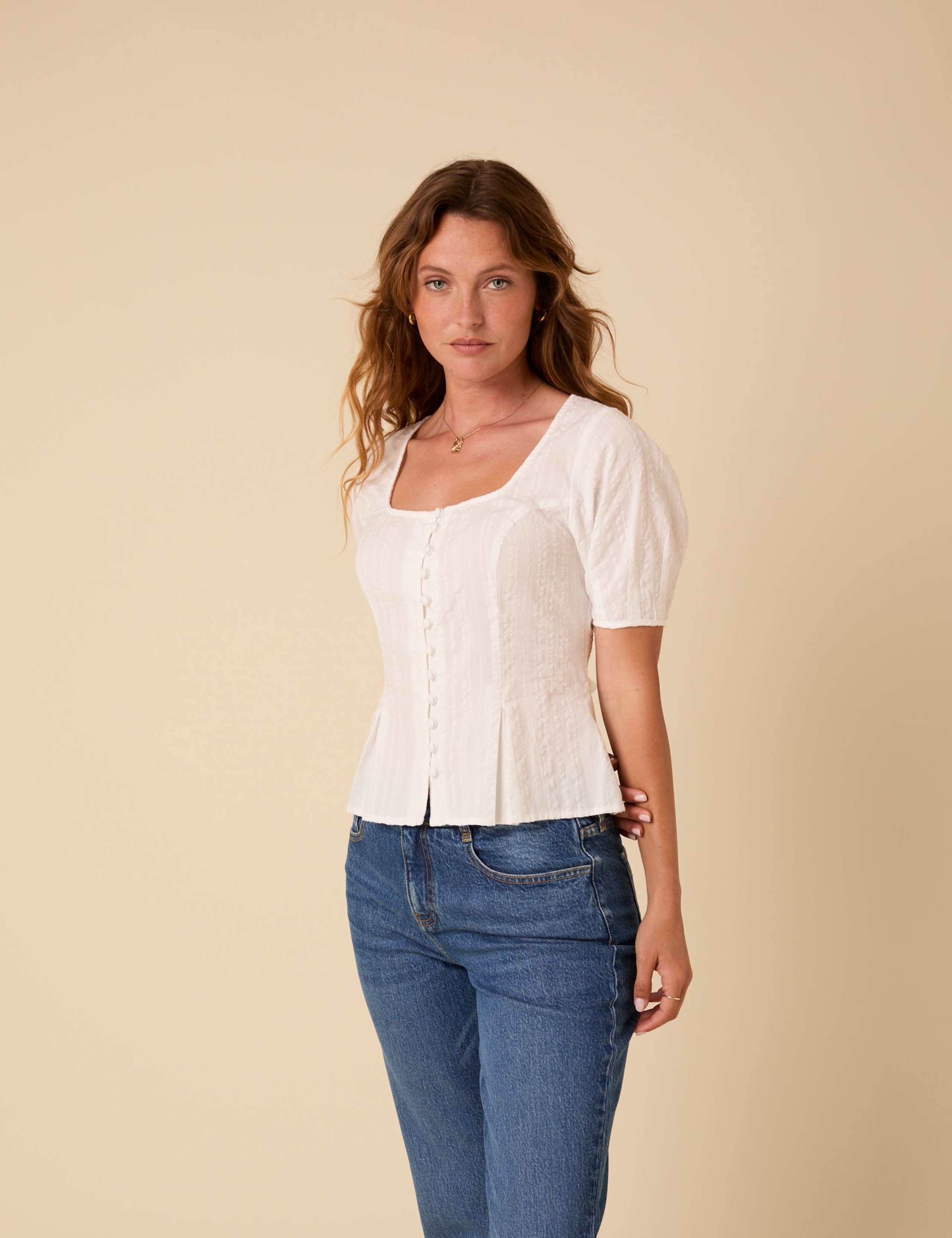Pure Cotton Puff Sleeve Tie Back Blouse 2 of 6