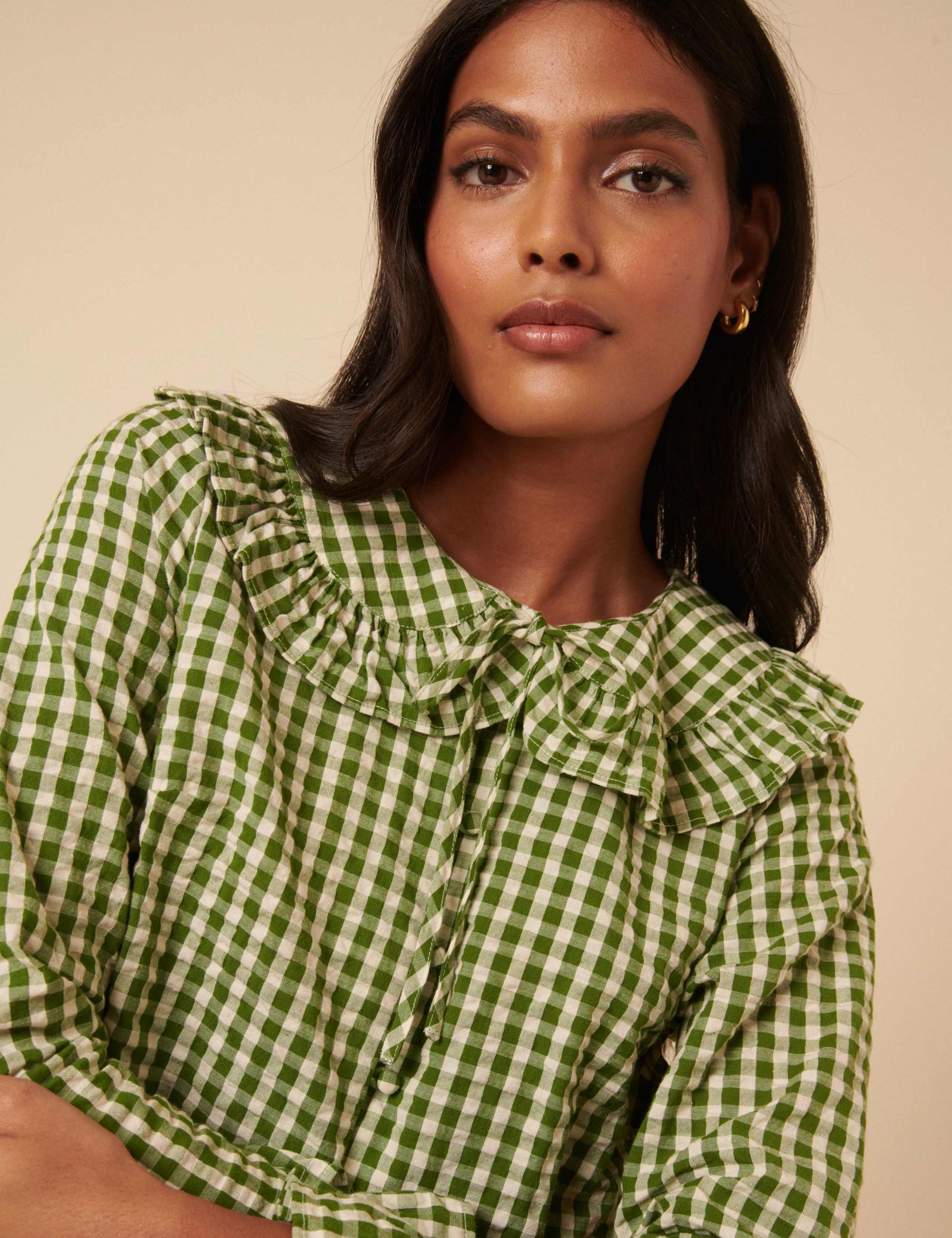 Pure Cotton Checked Peter Pan Collar Blouse 2 of 5