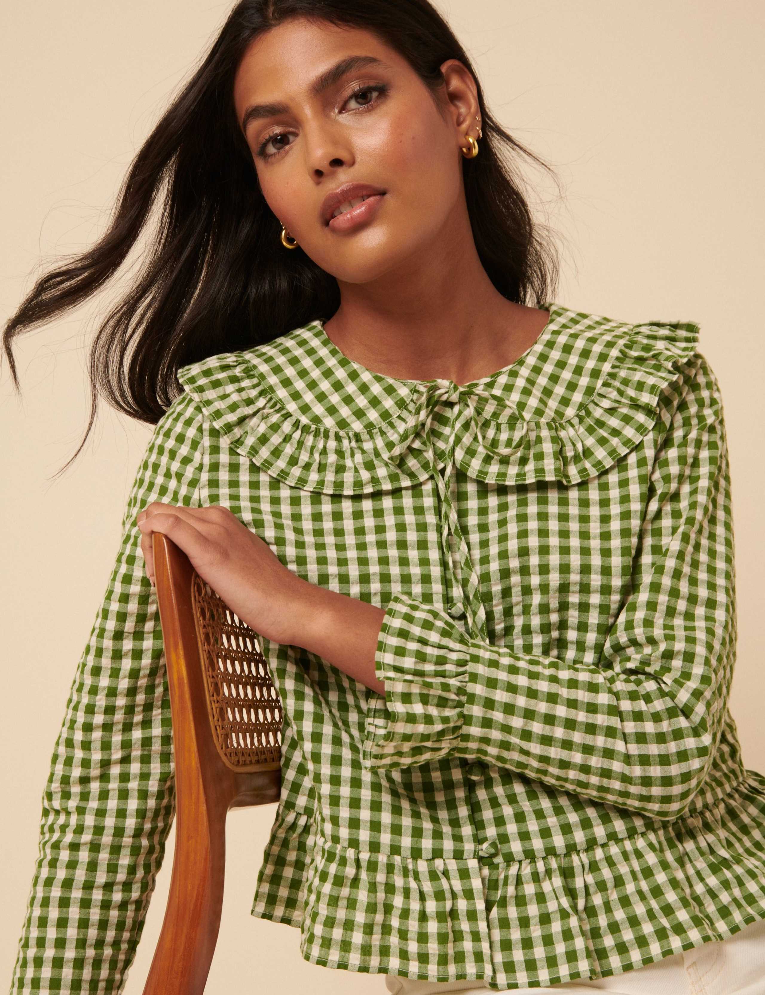 Pure Cotton Checked Peter Pan Collar Blouse 3 of 5