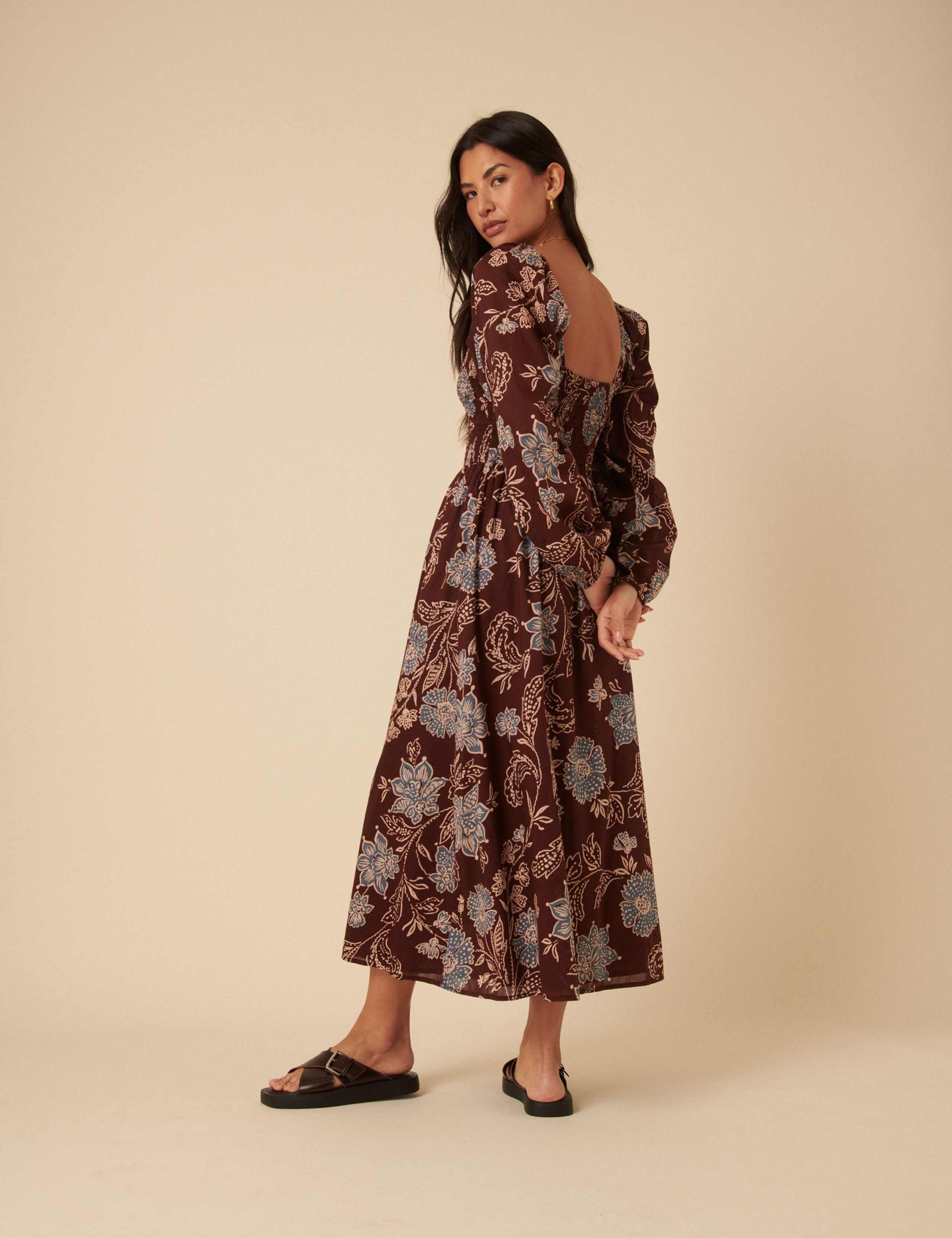 Pure Cotton Floral V-Neck Midi Waisted Dress 3 of 5