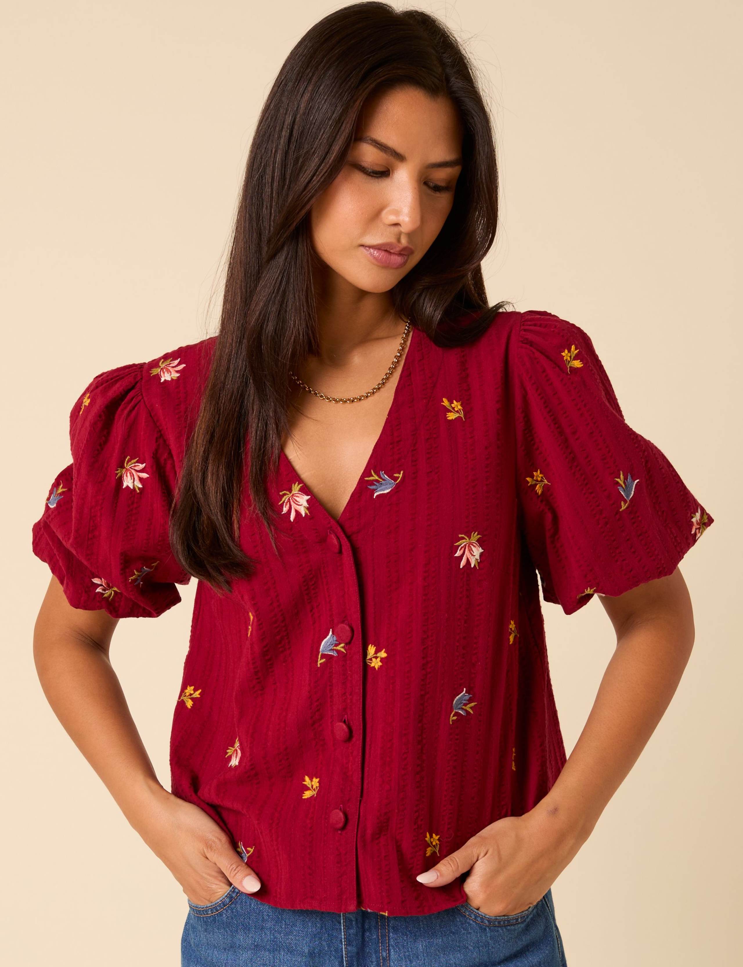 Pure Cotton Floral V-Neck Blouse 1 of 5