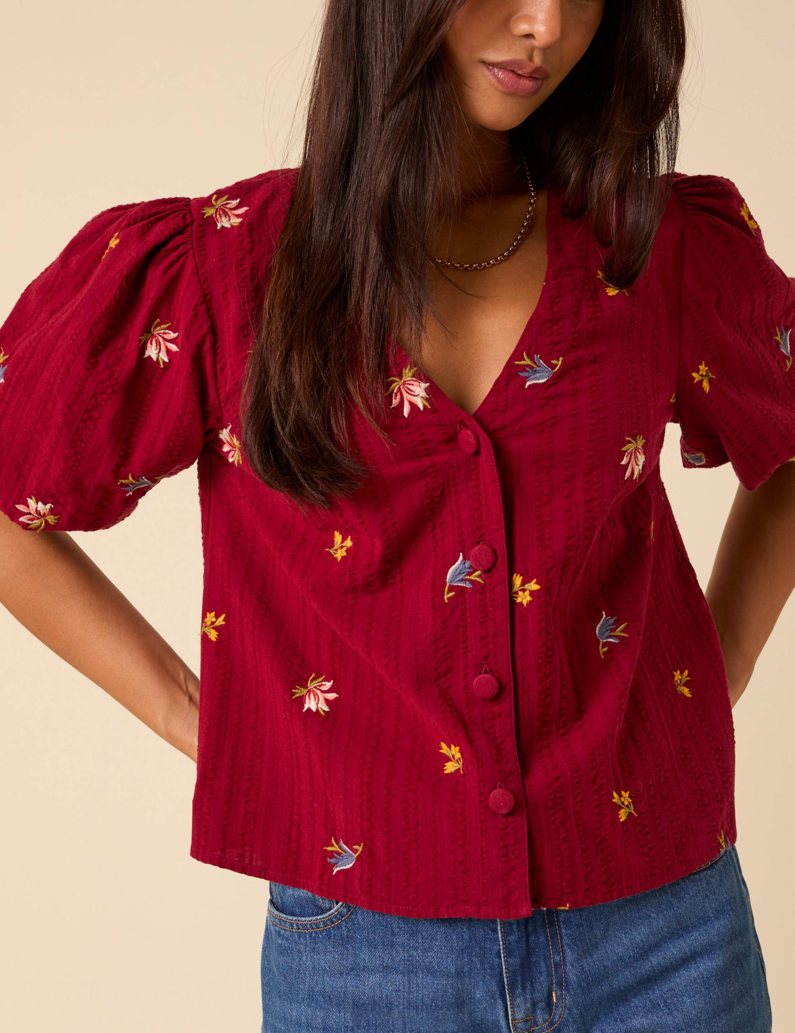 Pure Cotton Floral V-Neck Blouse 3 of 5