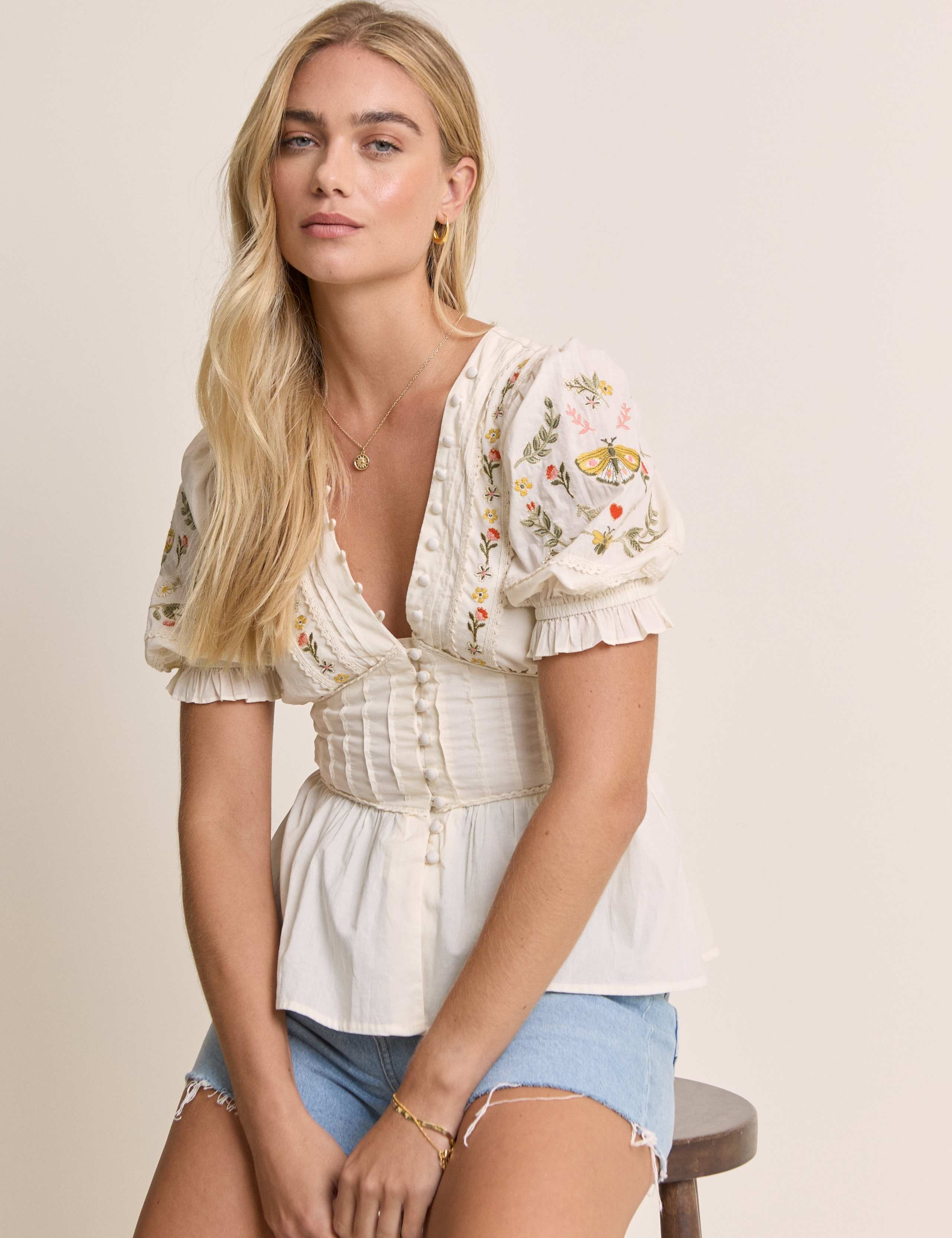 Pure Cotton Embroidered V-Neck Top 1 of 5