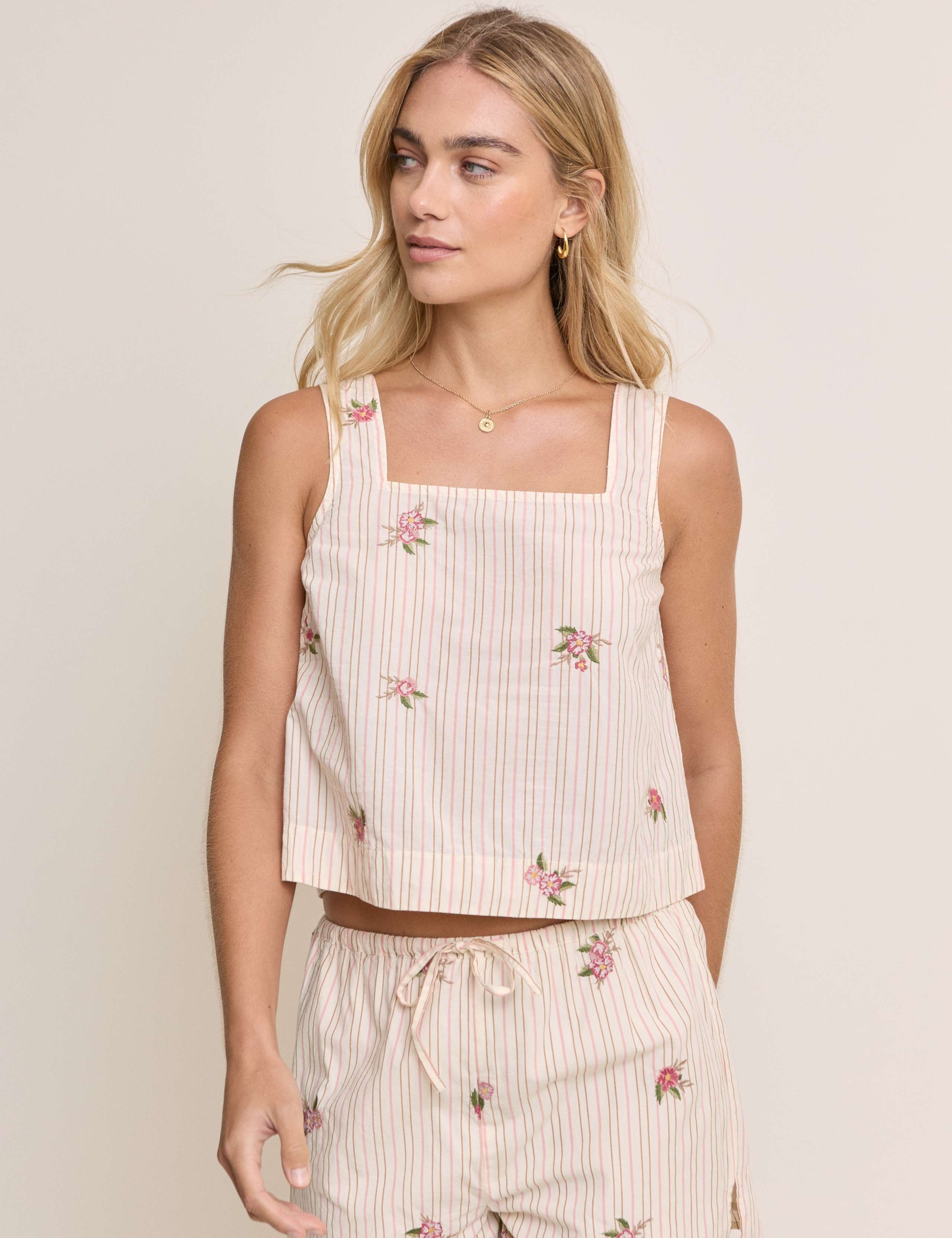 Linen Rich Striped Floral Square Neck Vest 1 of 5