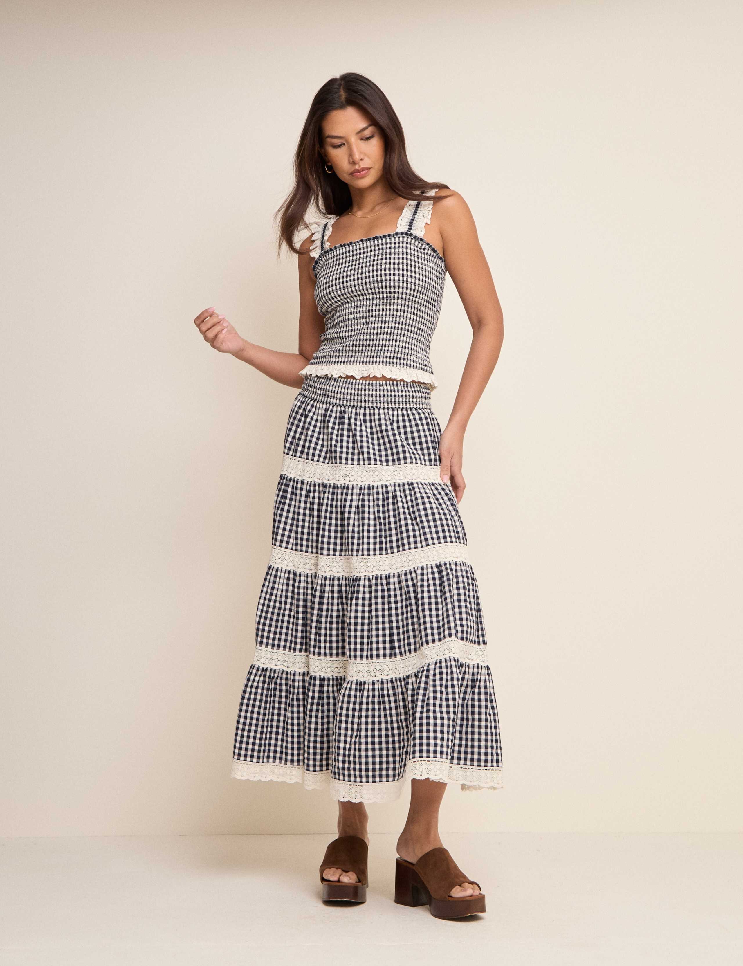 Pure Cotton Gingham Lace Square Neck Top 3 of 6