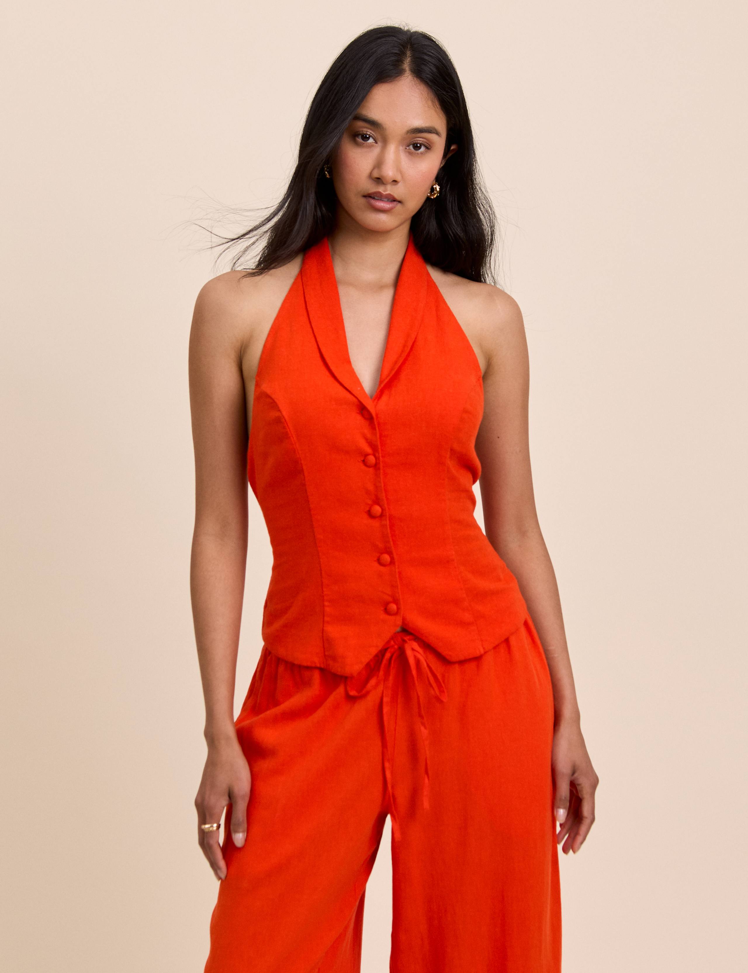 Linen Rich Halter Neck Waistcoat Top 1 of 5