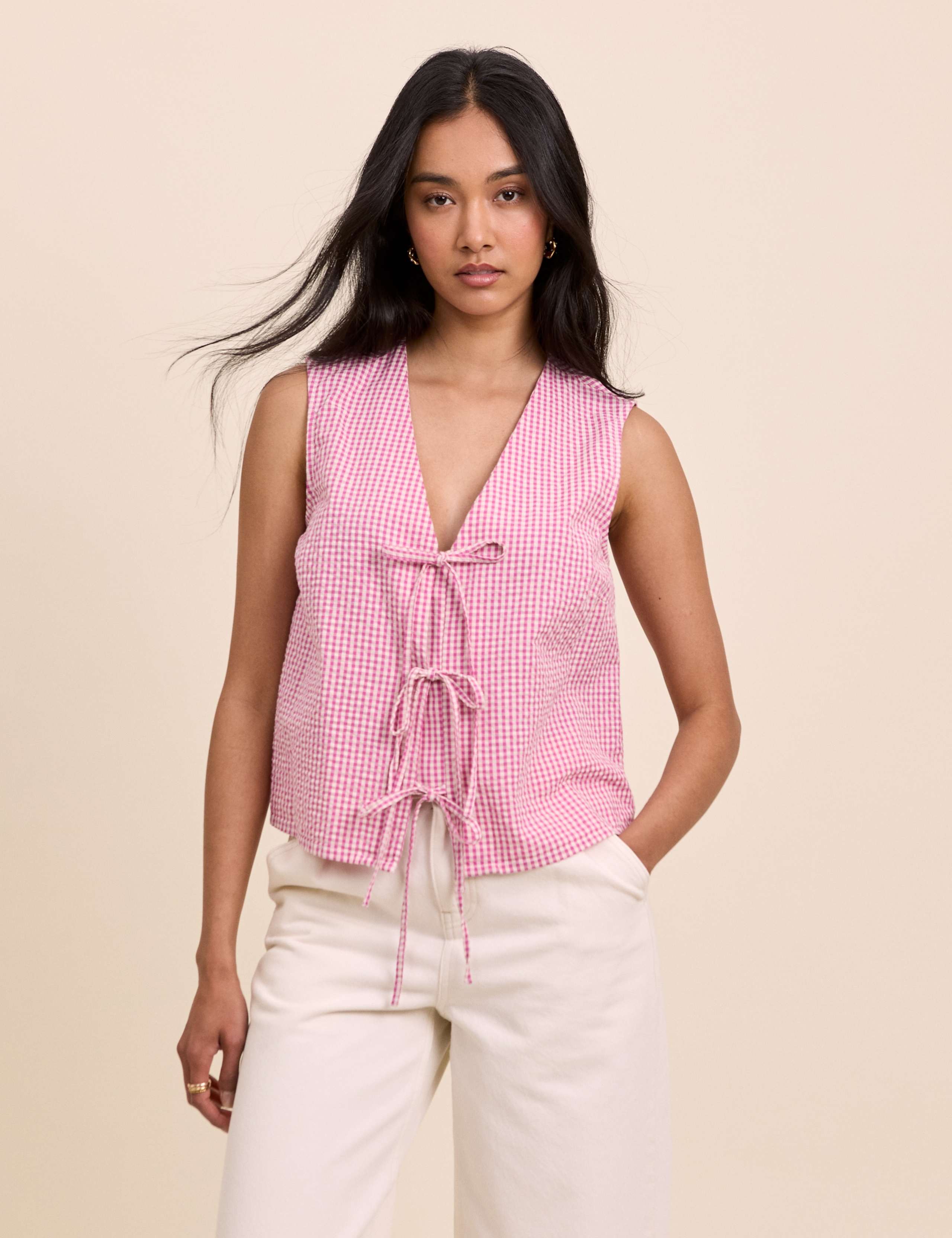 Pure Cotton Checked V-Neck Tie Front Vest 1 of 5