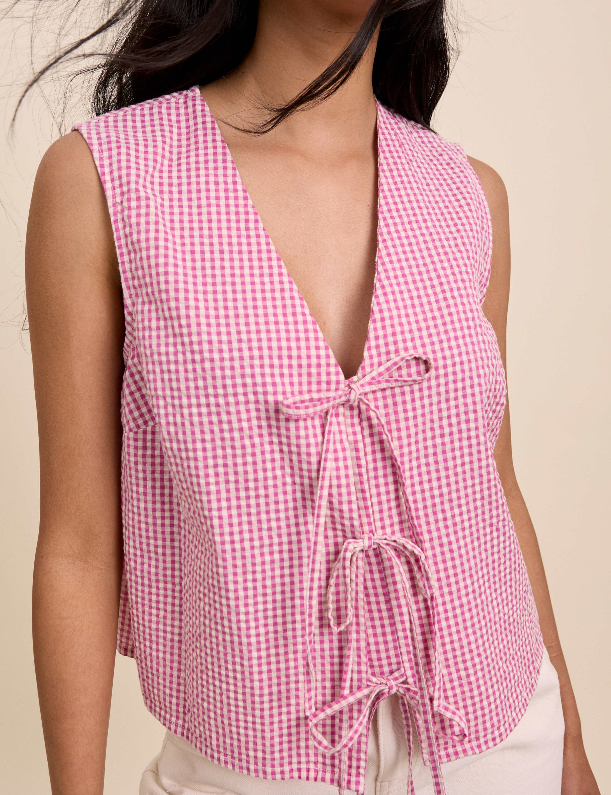 Pure Cotton Checked V-Neck Tie Front Vest 3 of 5