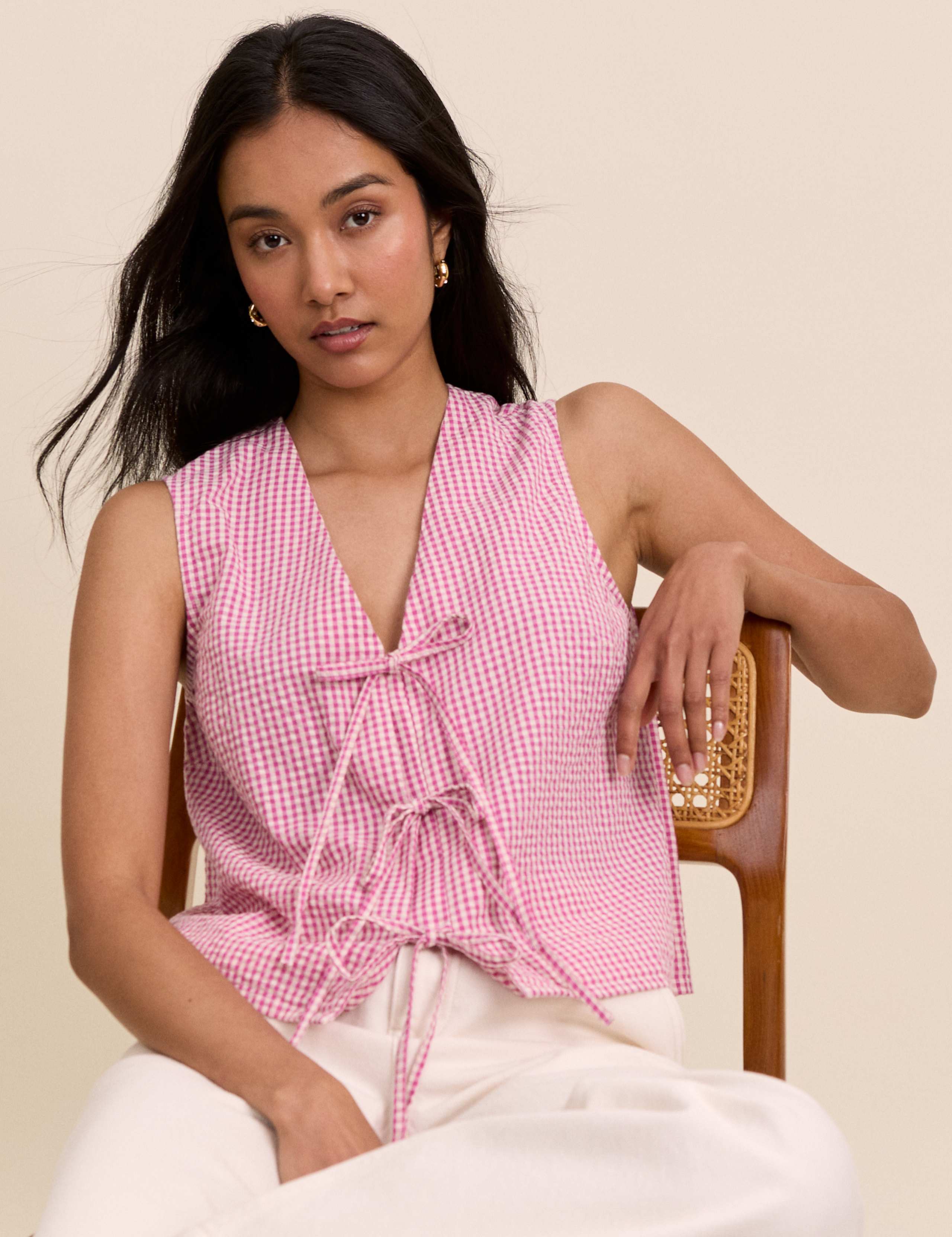 Pure Cotton Checked V-Neck Tie Front Vest 5 of 5