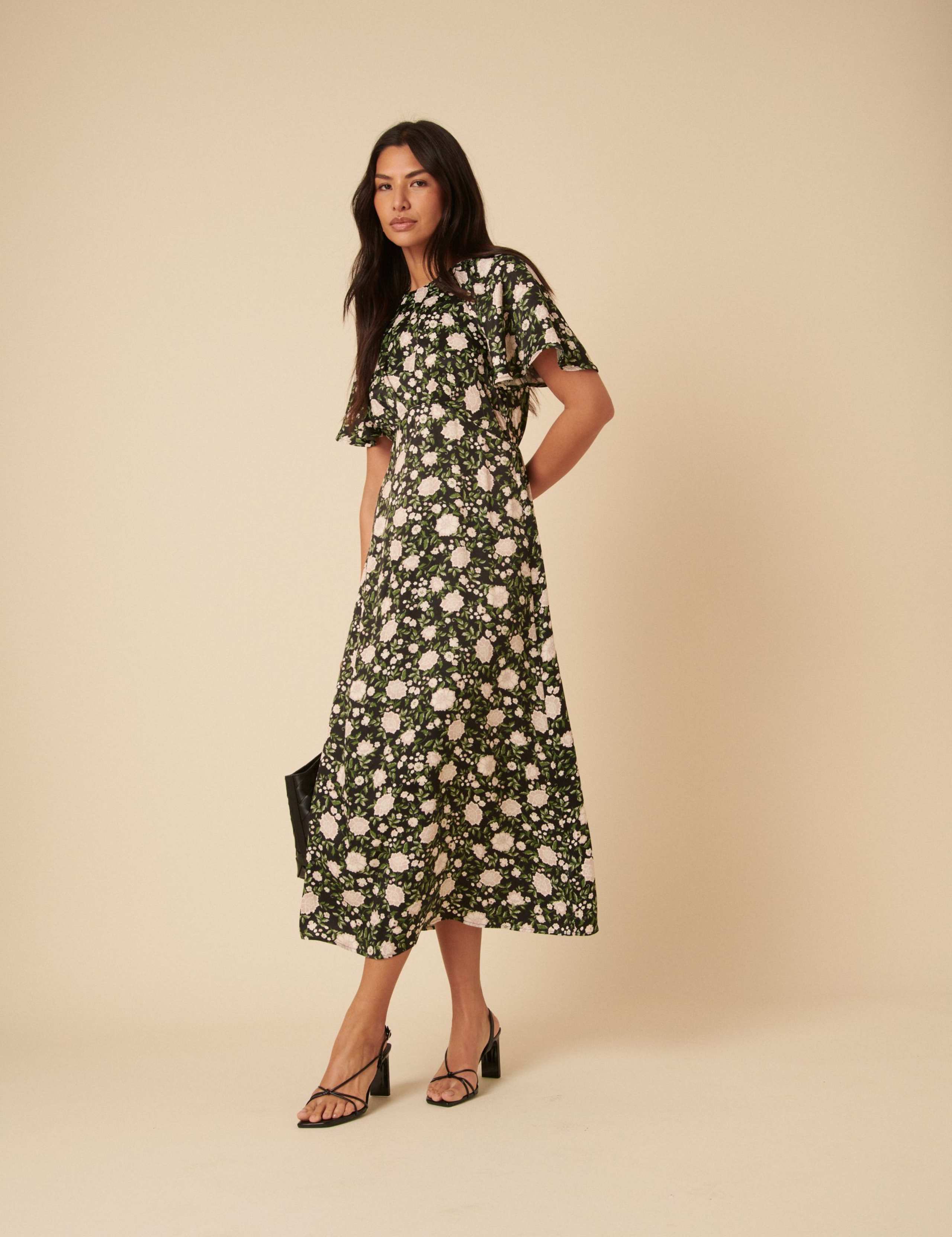 Floral Crew Neck Angel Sleeve Midi Tea Dress 1 of 5