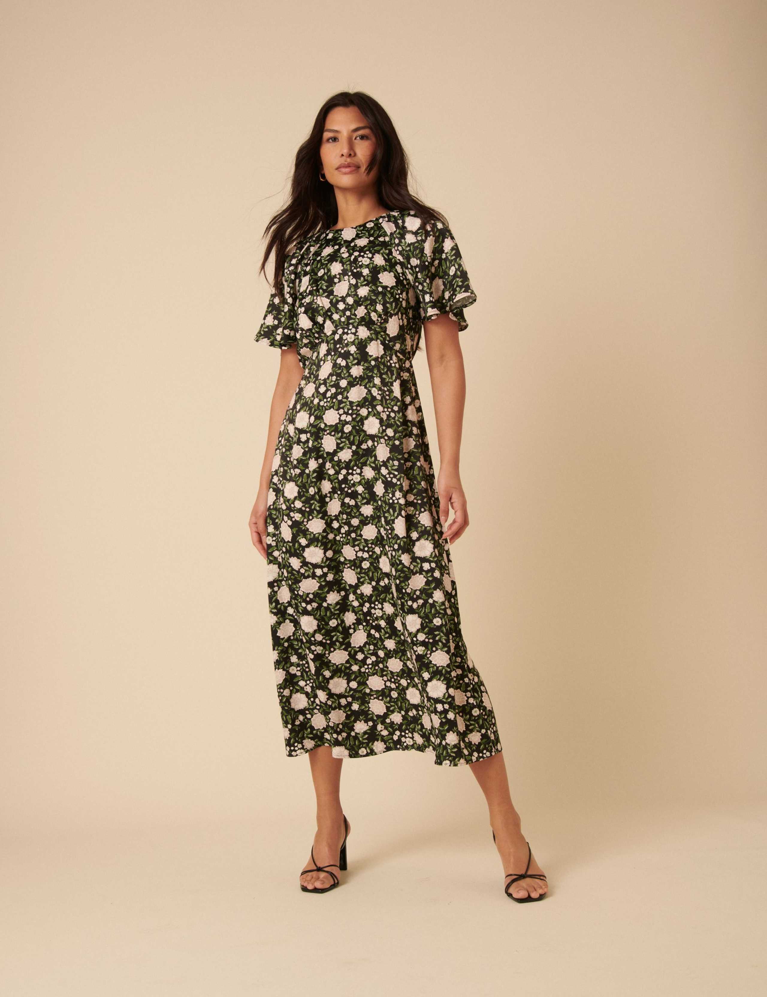 Floral Crew Neck Angel Sleeve Midi Tea Dress 2 of 5
