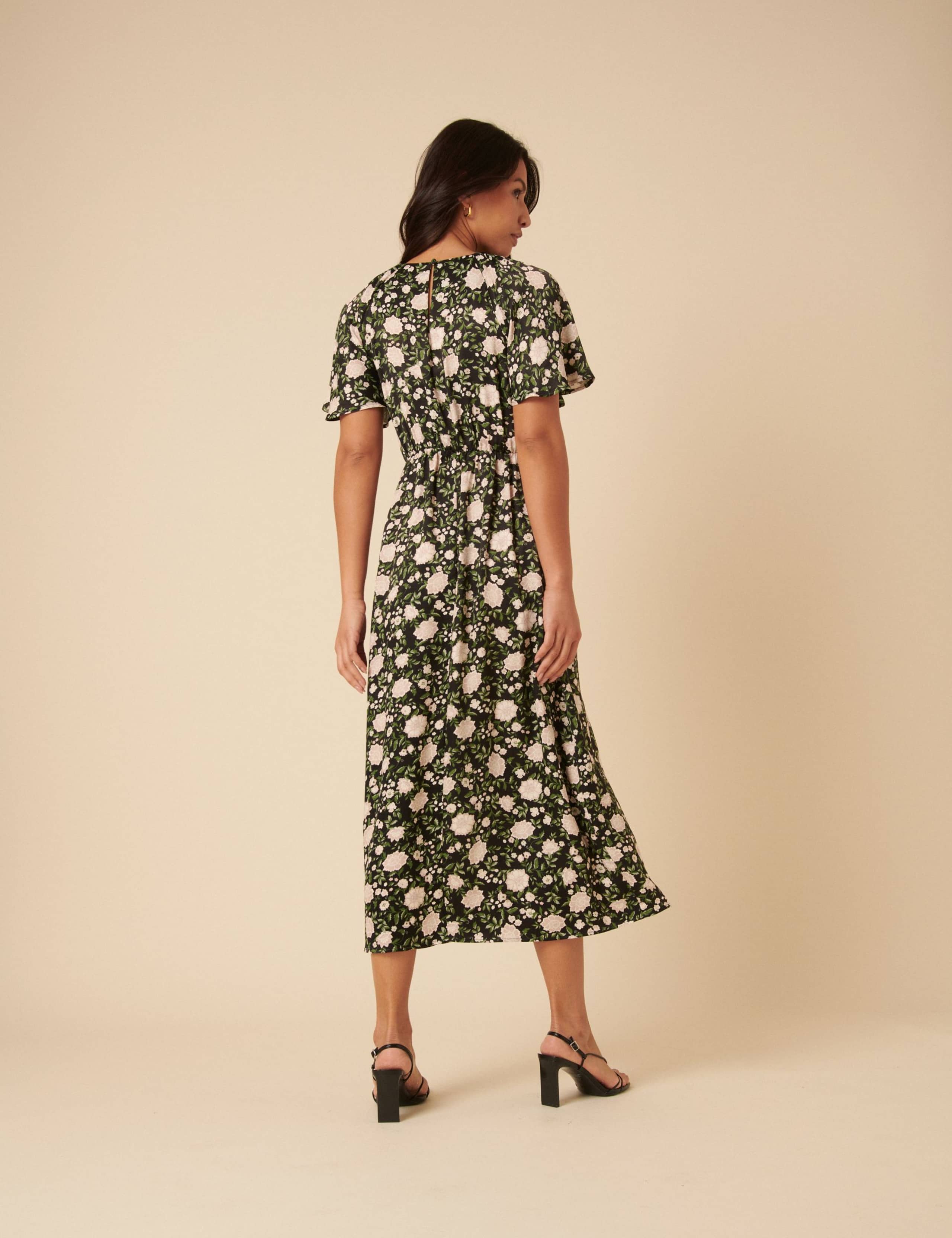 Floral Crew Neck Angel Sleeve Midi Tea Dress 3 of 5