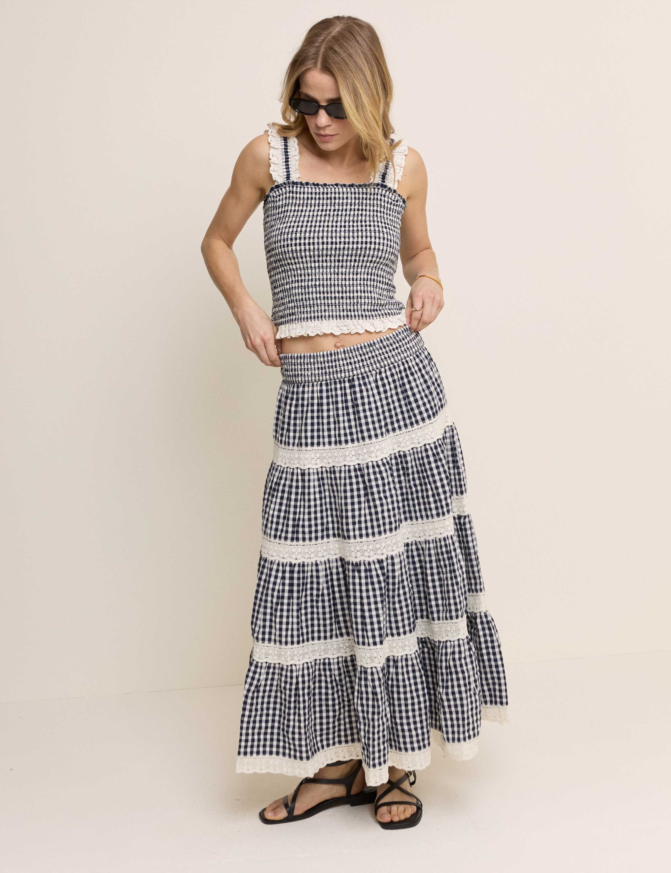 Pure Cotton Gingham Midi Tiered Skirt 3 of 5