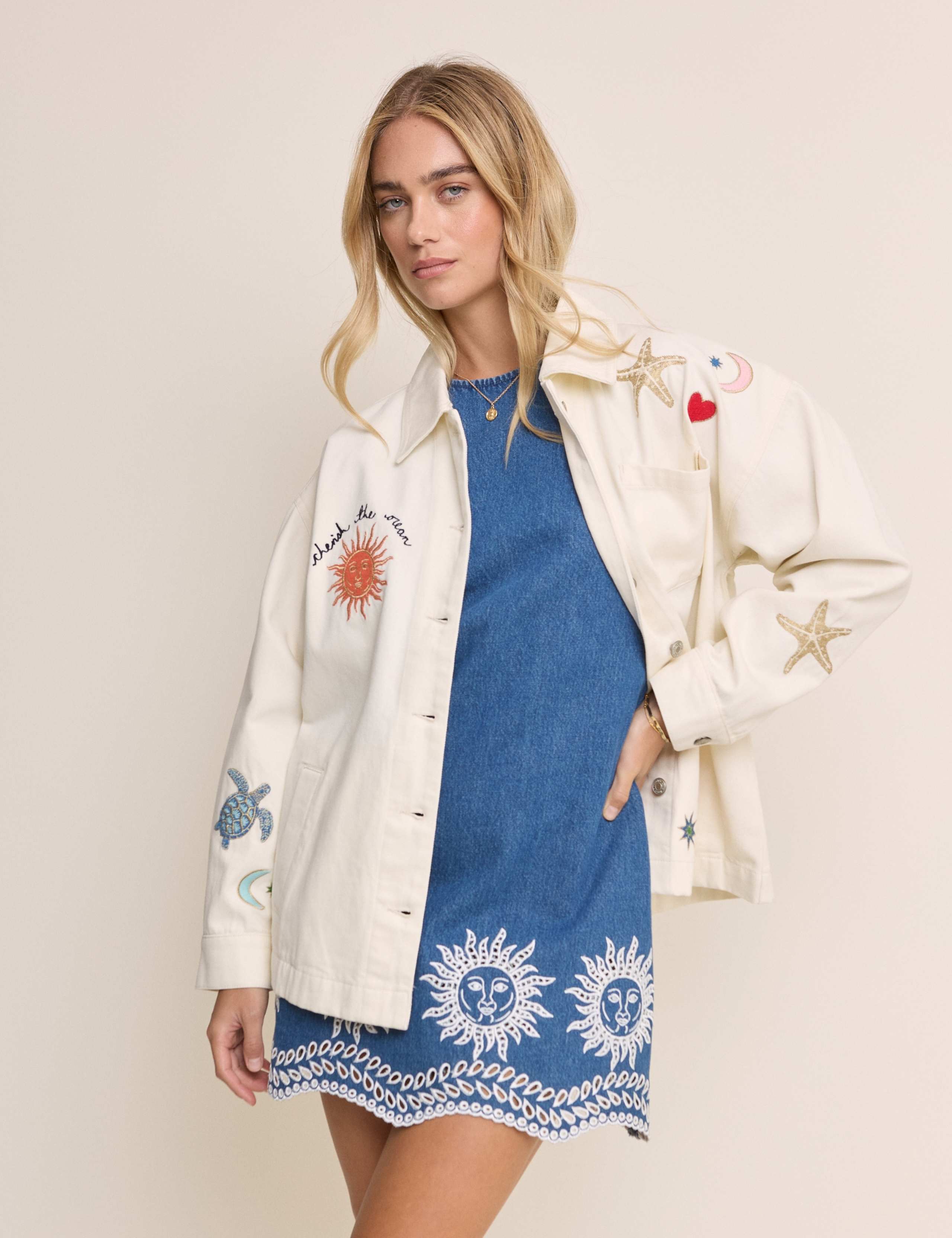 Denim Cutwork Detail Mini Shift Dress 2 of 5