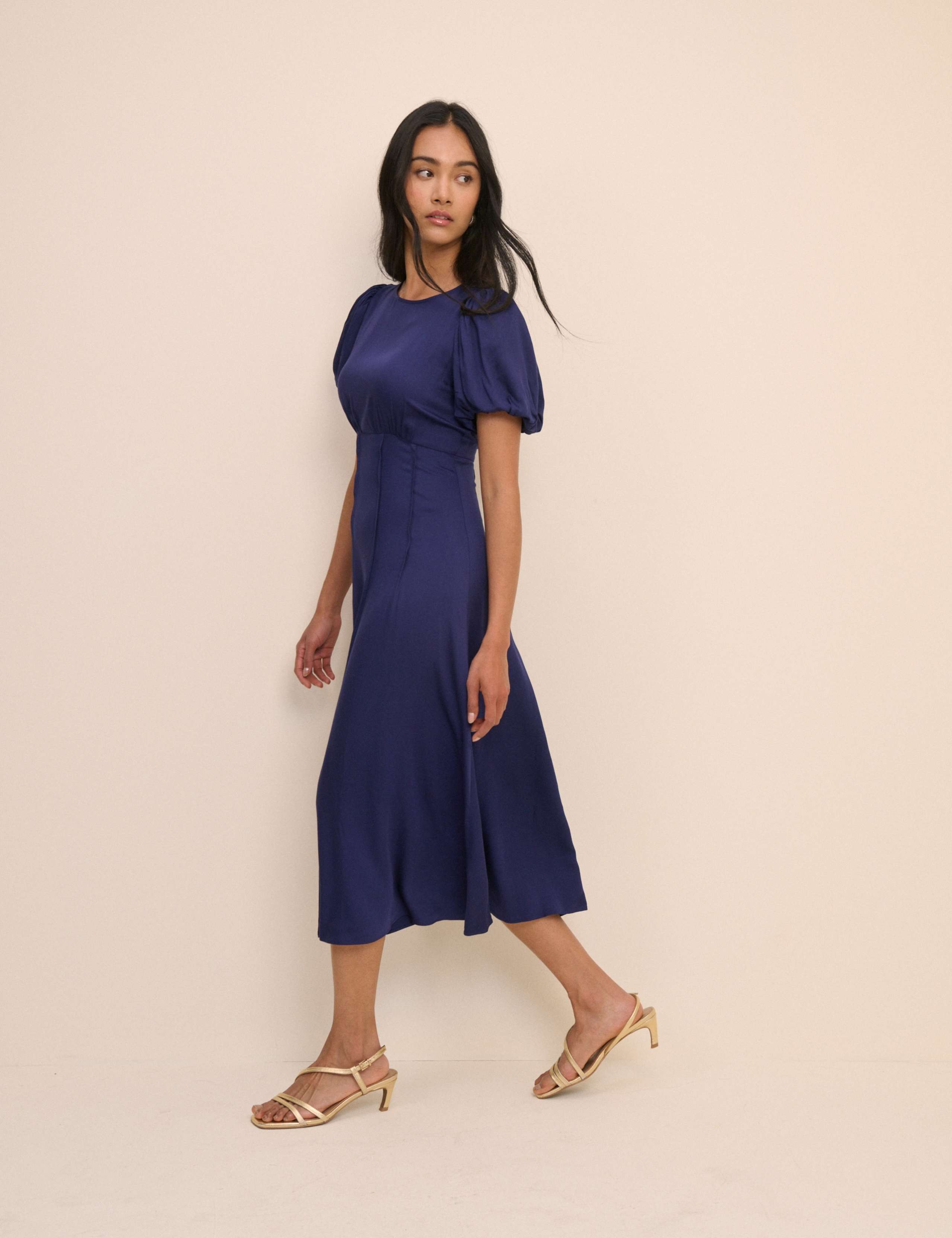 Round Neck Puff Sleeve Midi Waisted Dress 1 of 5