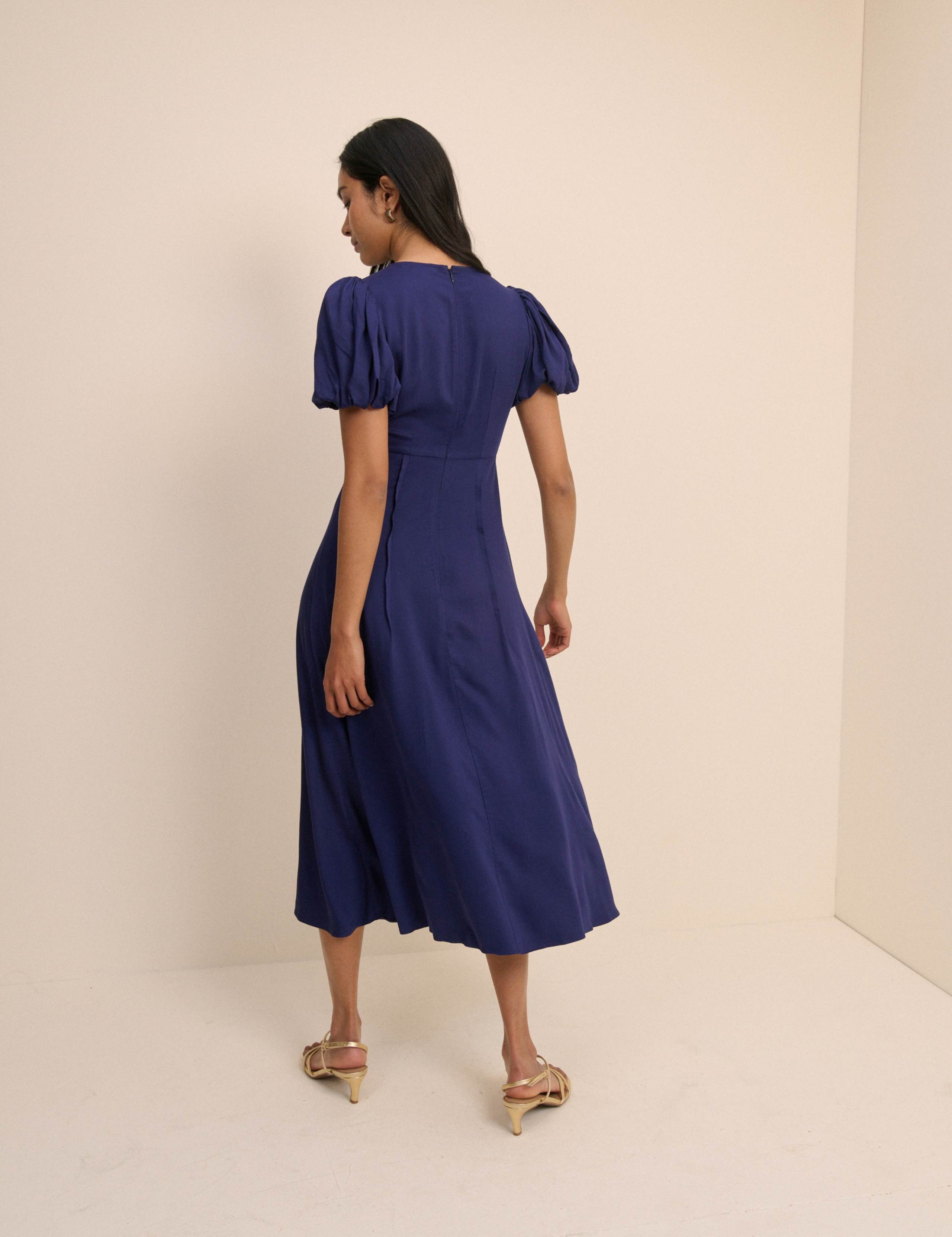 Round Neck Puff Sleeve Midi Waisted Dress 2 of 5
