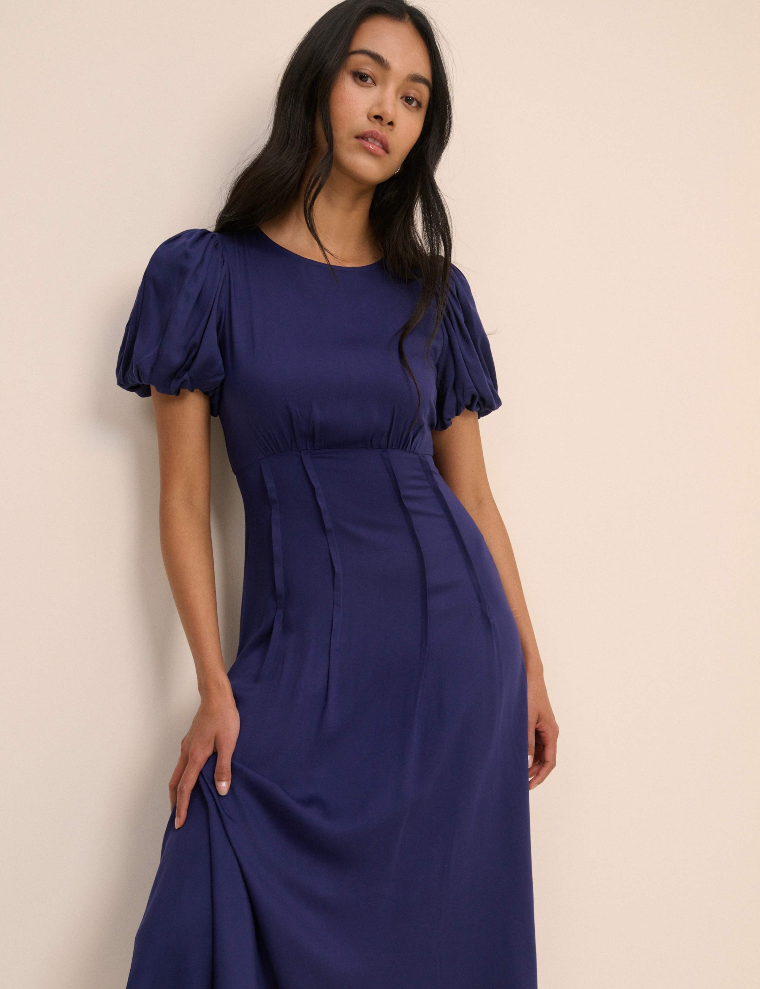 Round Neck Puff Sleeve Midi Waisted Dress 3 of 5