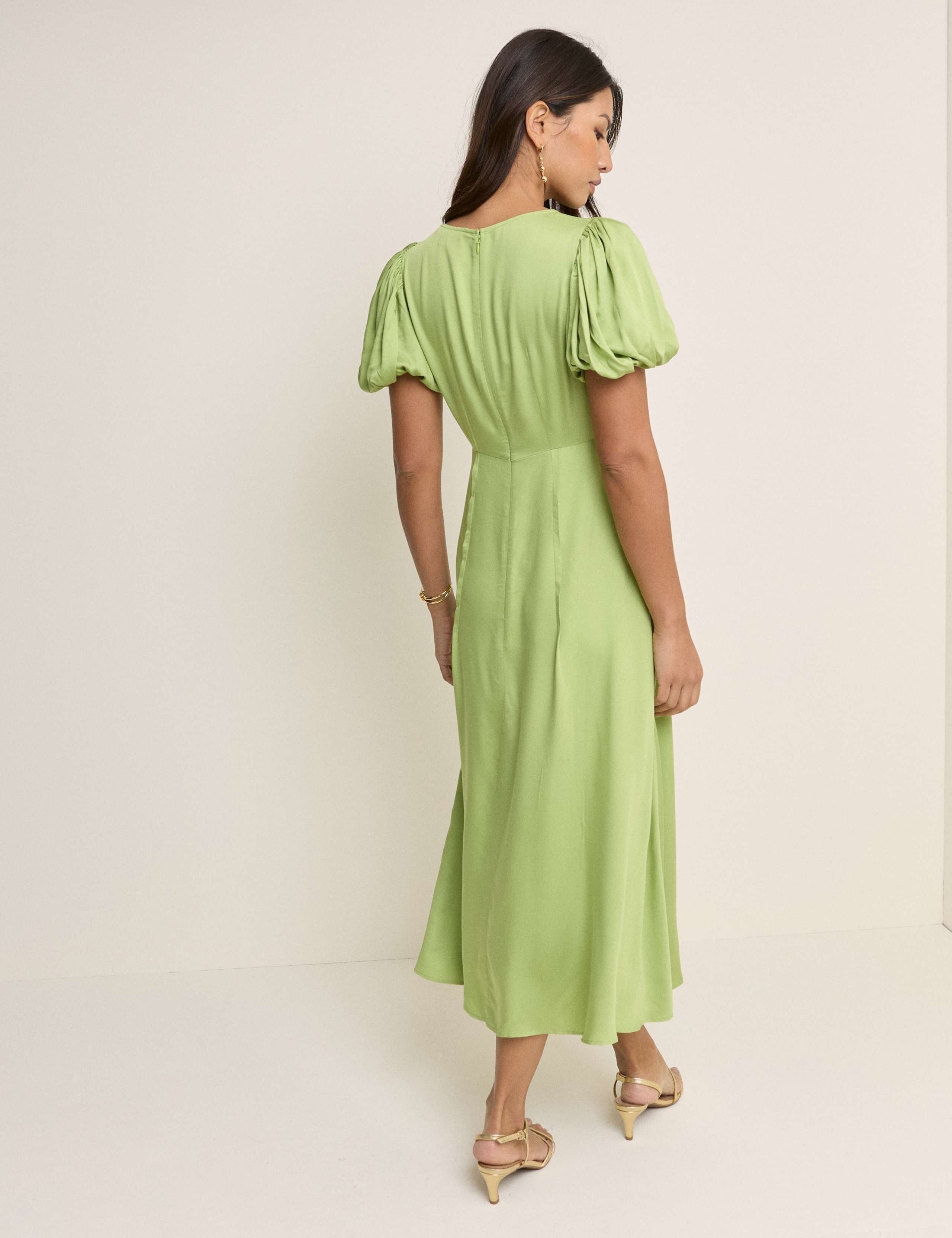 Round Neck Puff Sleeve Midi Waisted Dress 3 of 5