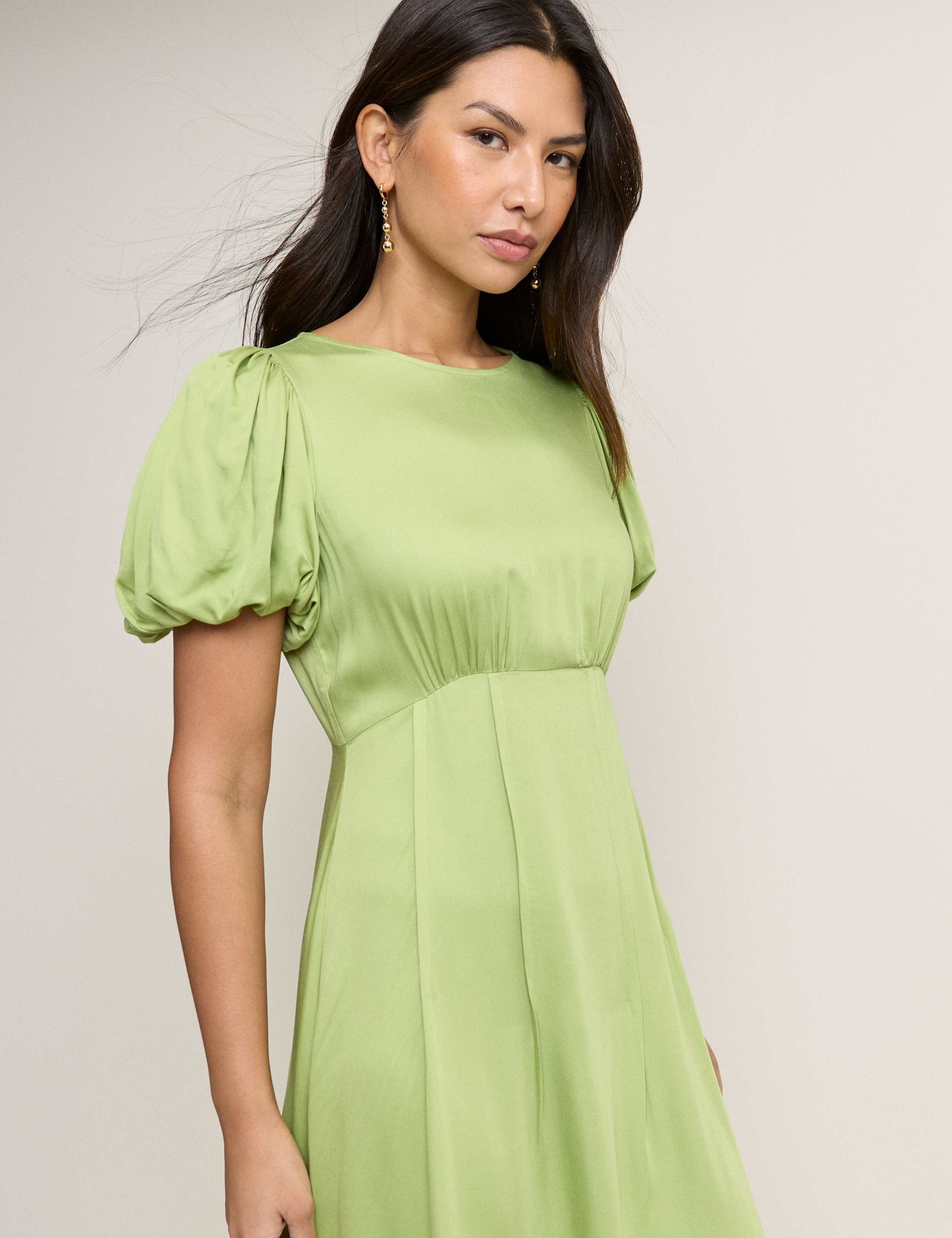Round Neck Puff Sleeve Midi Waisted Dress 5 of 5