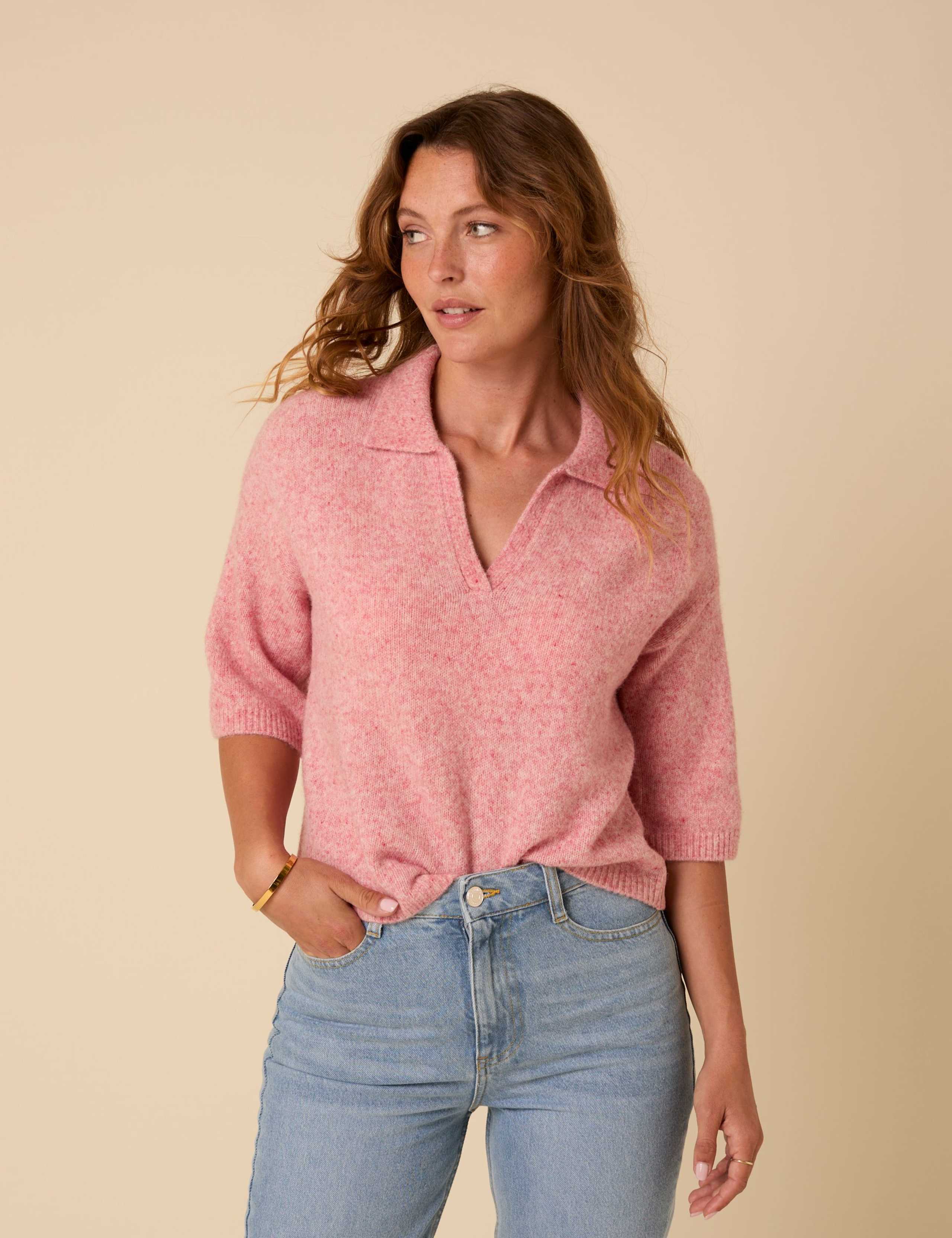 Open Neck Collared Jumper with Wool 1 of 6