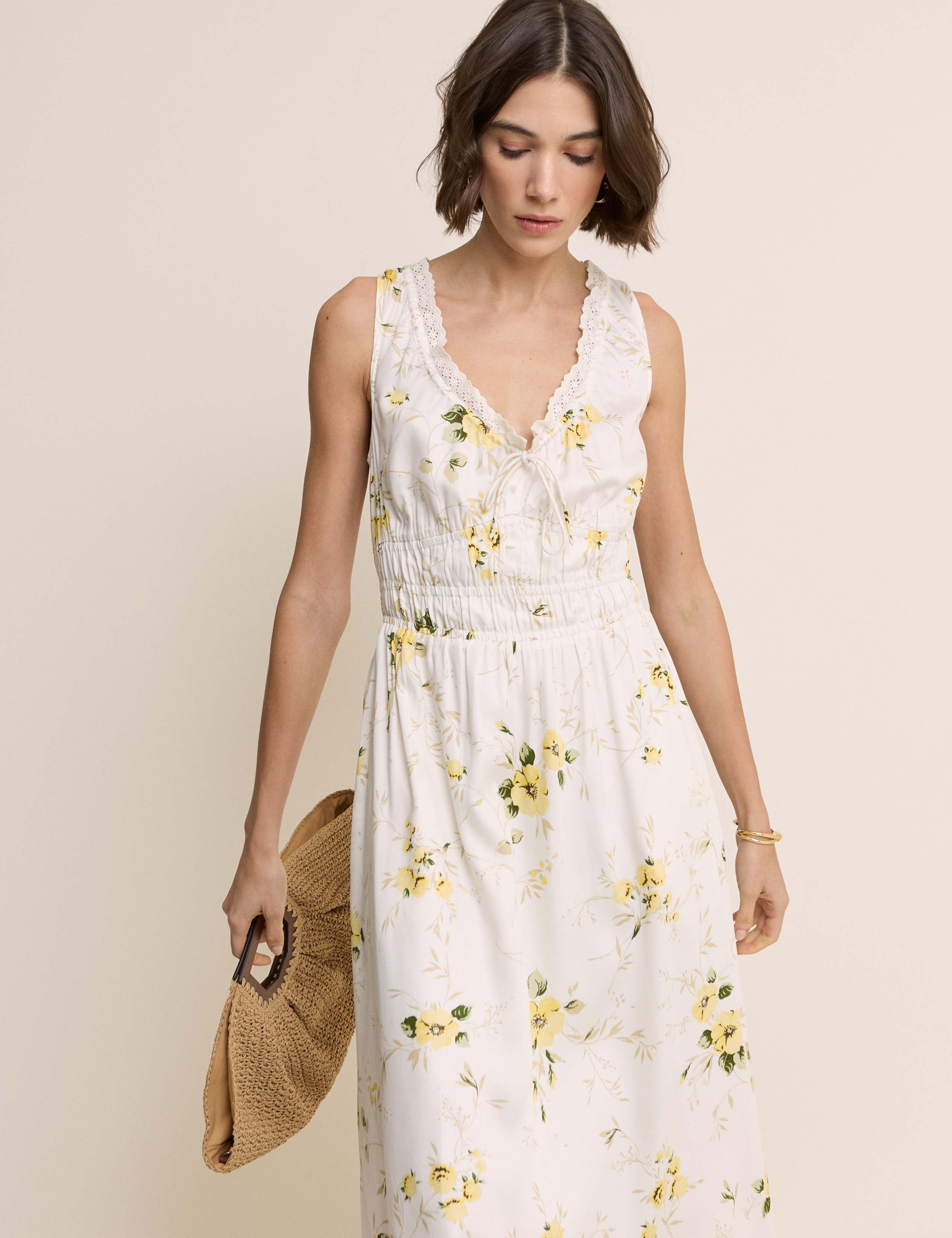Floral V-Neck Lace Trim Midi Waisted Dress 3 of 5