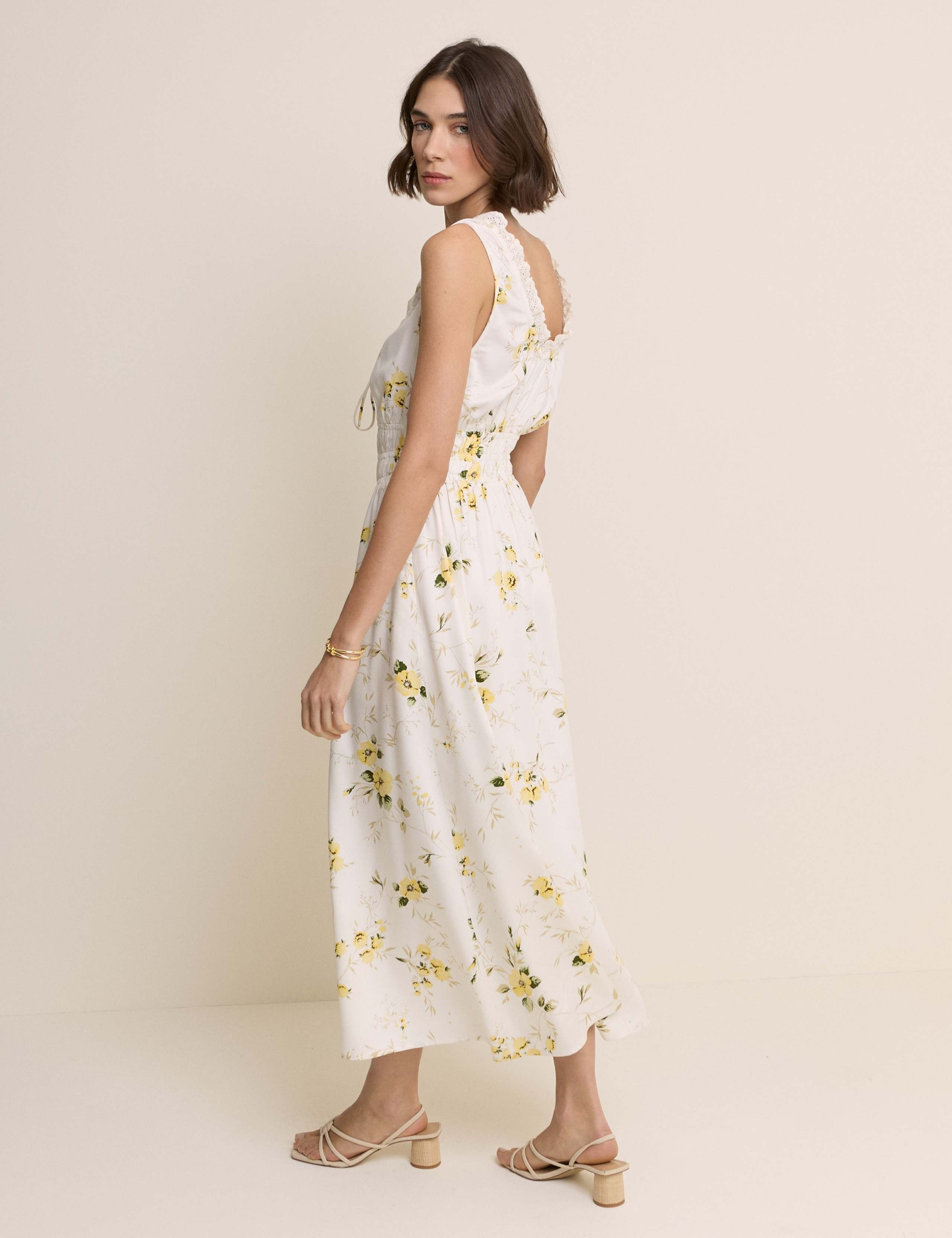 Floral V-Neck Lace Trim Midi Waisted Dress 4 of 5