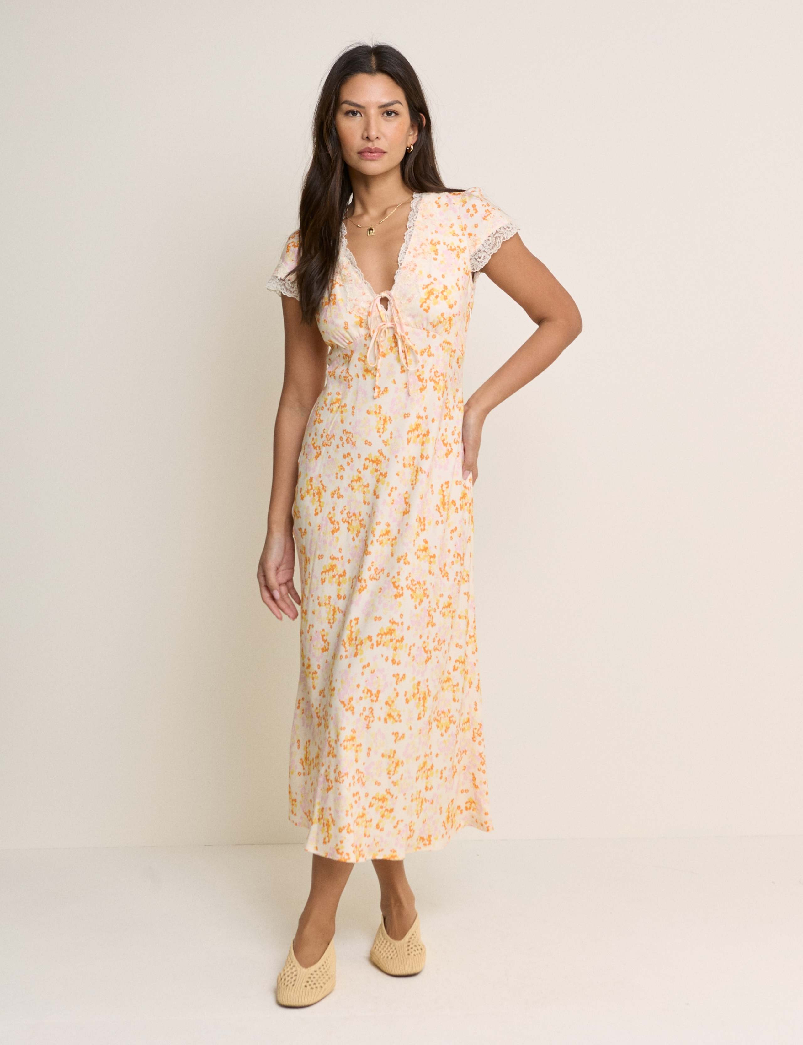 Floral V-Neck Tie Detail Midi Tea Dress 1 of 5