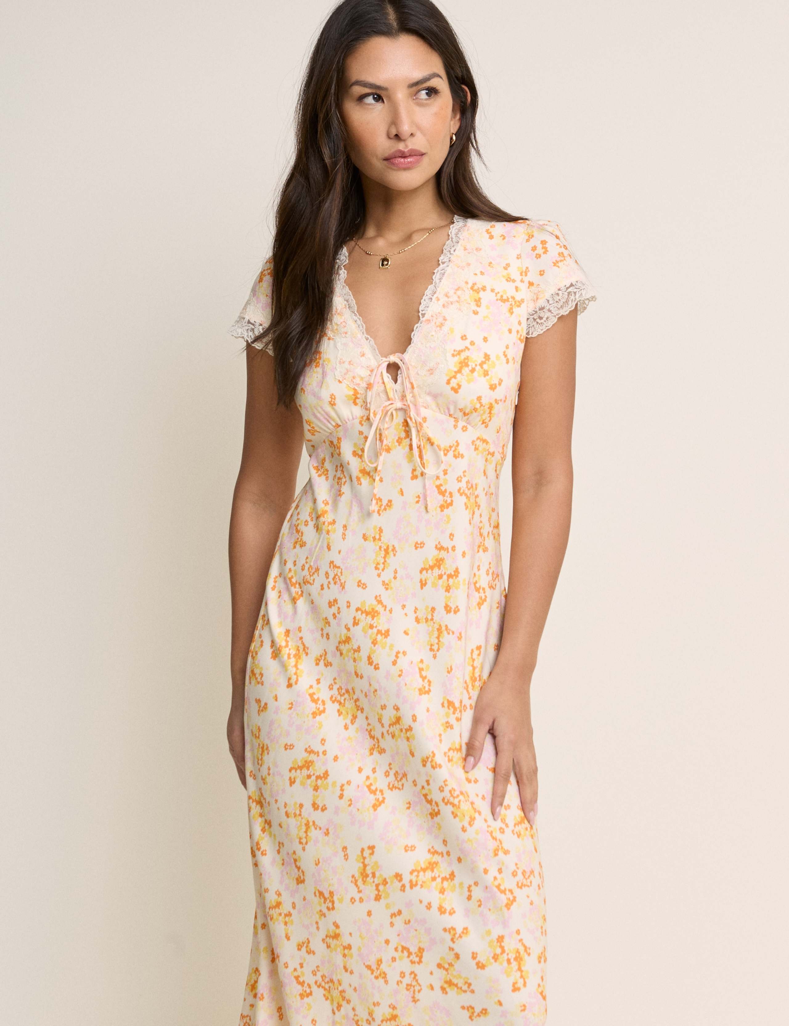 Floral V-Neck Tie Detail Midi Tea Dress 4 of 5