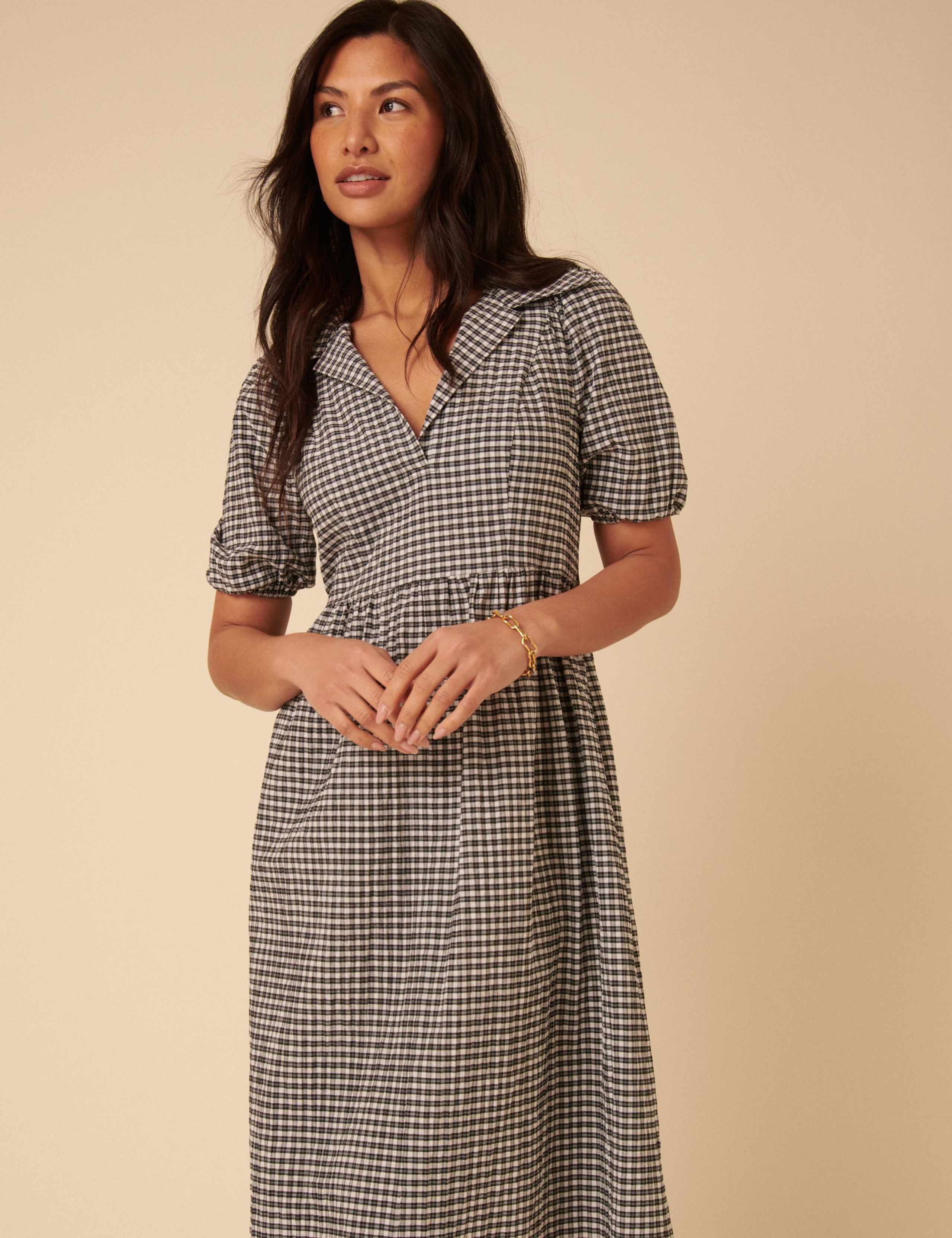 Pure Cotton Gingham Collared Midi Dress 2 of 5