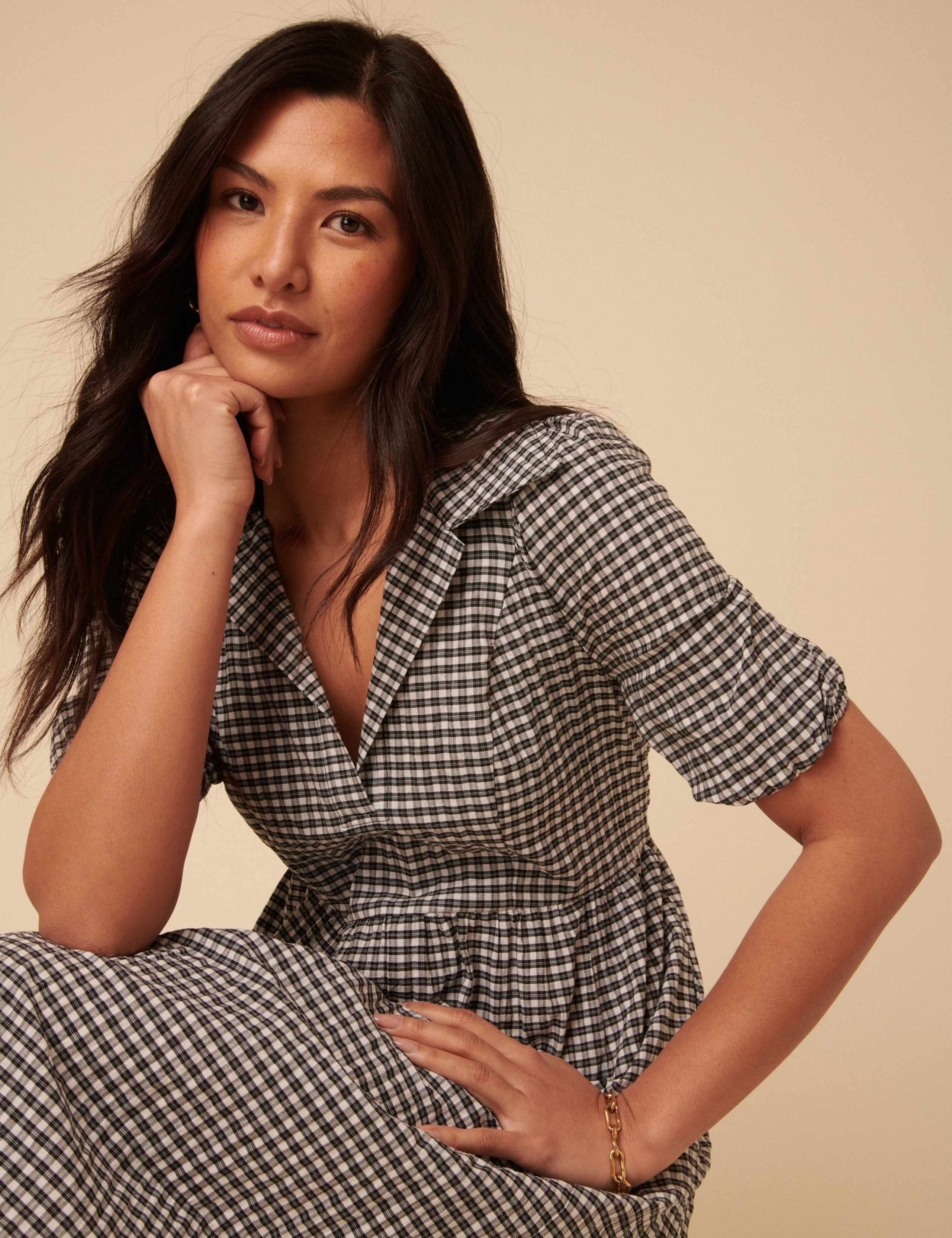 Pure Cotton Gingham Collared Midi Dress 3 of 5