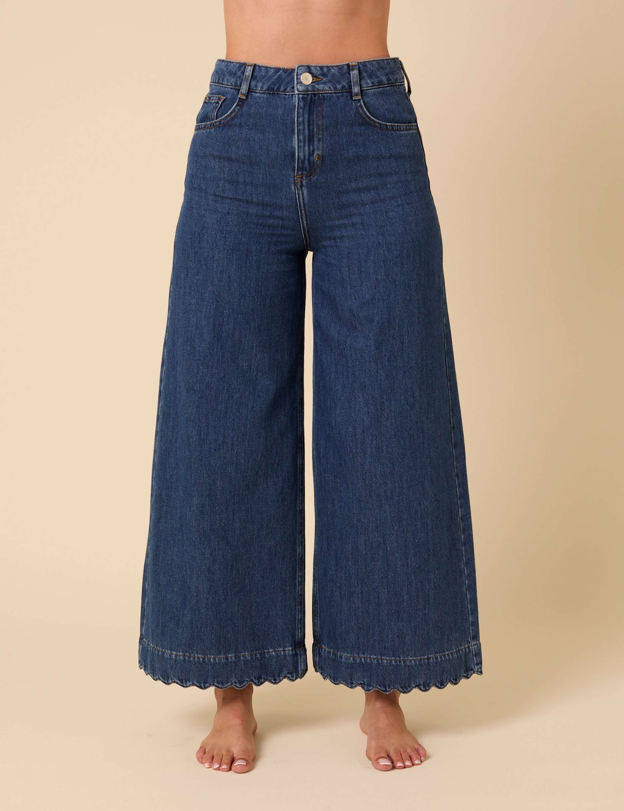 Denim Scalloped Cropped Palazzo Jeans 2 of 6