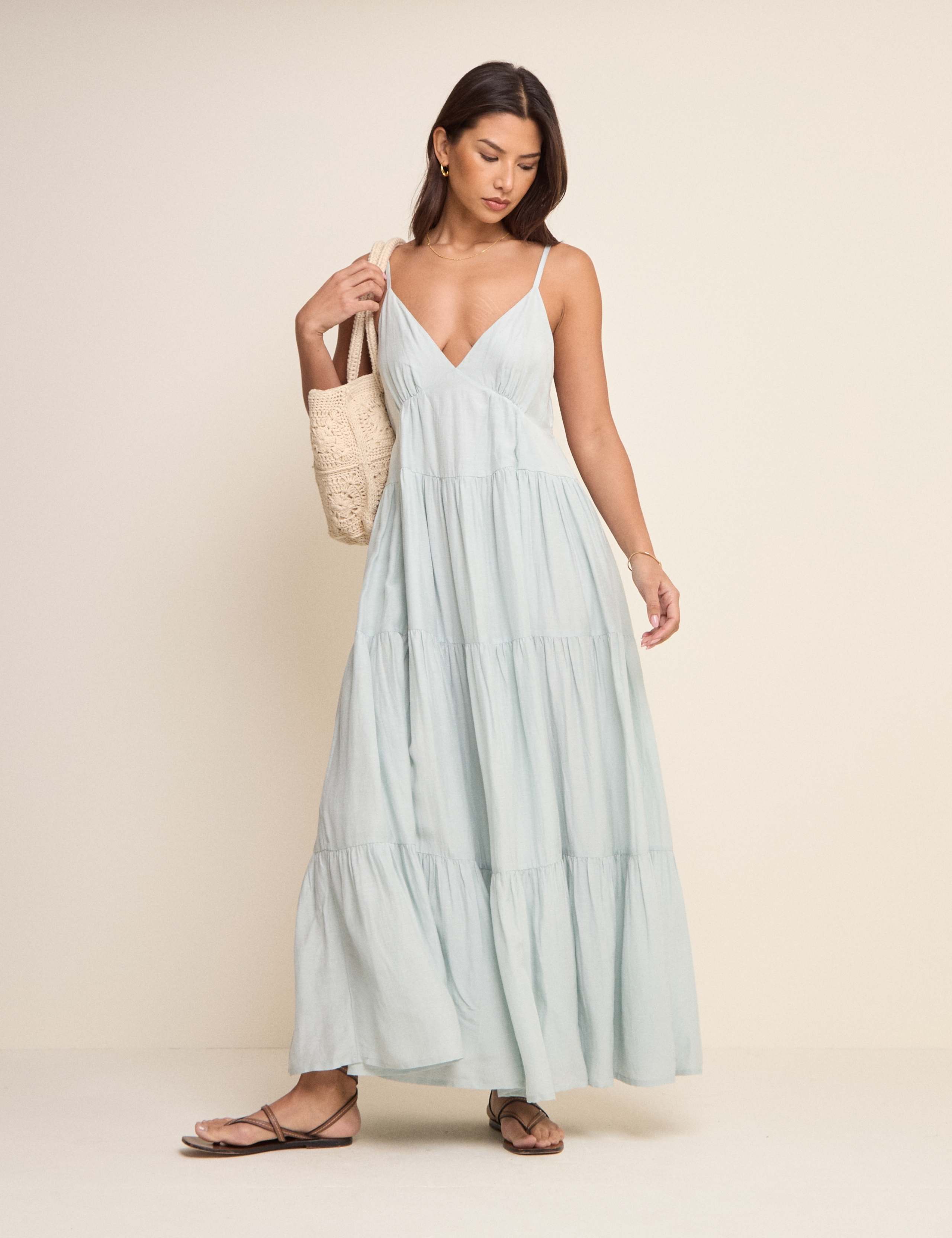 V-Neck Midaxi Tiered Dress with Linen 1 of 5