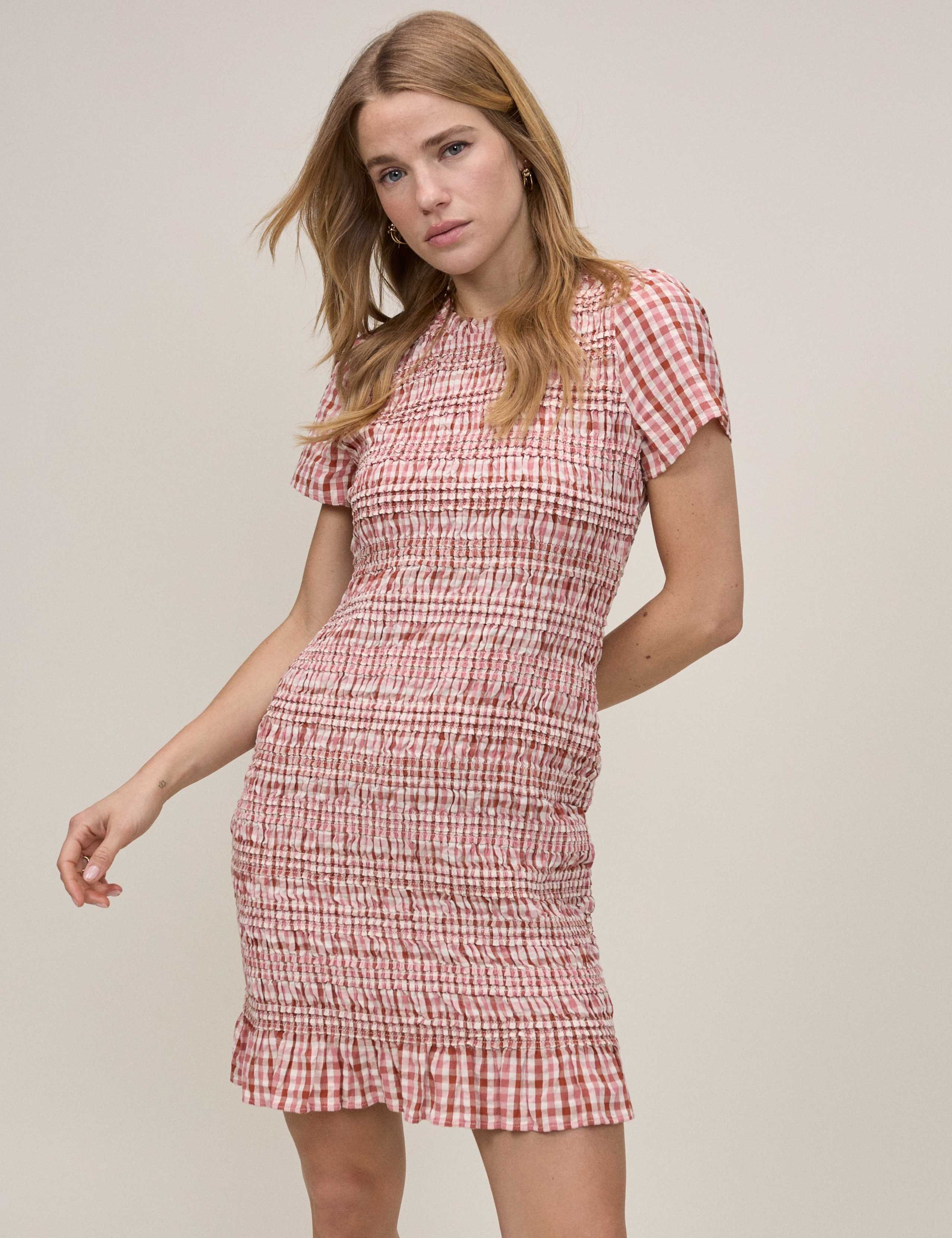 Pure Cotton Checked Mini Shirred Dress 2 of 5