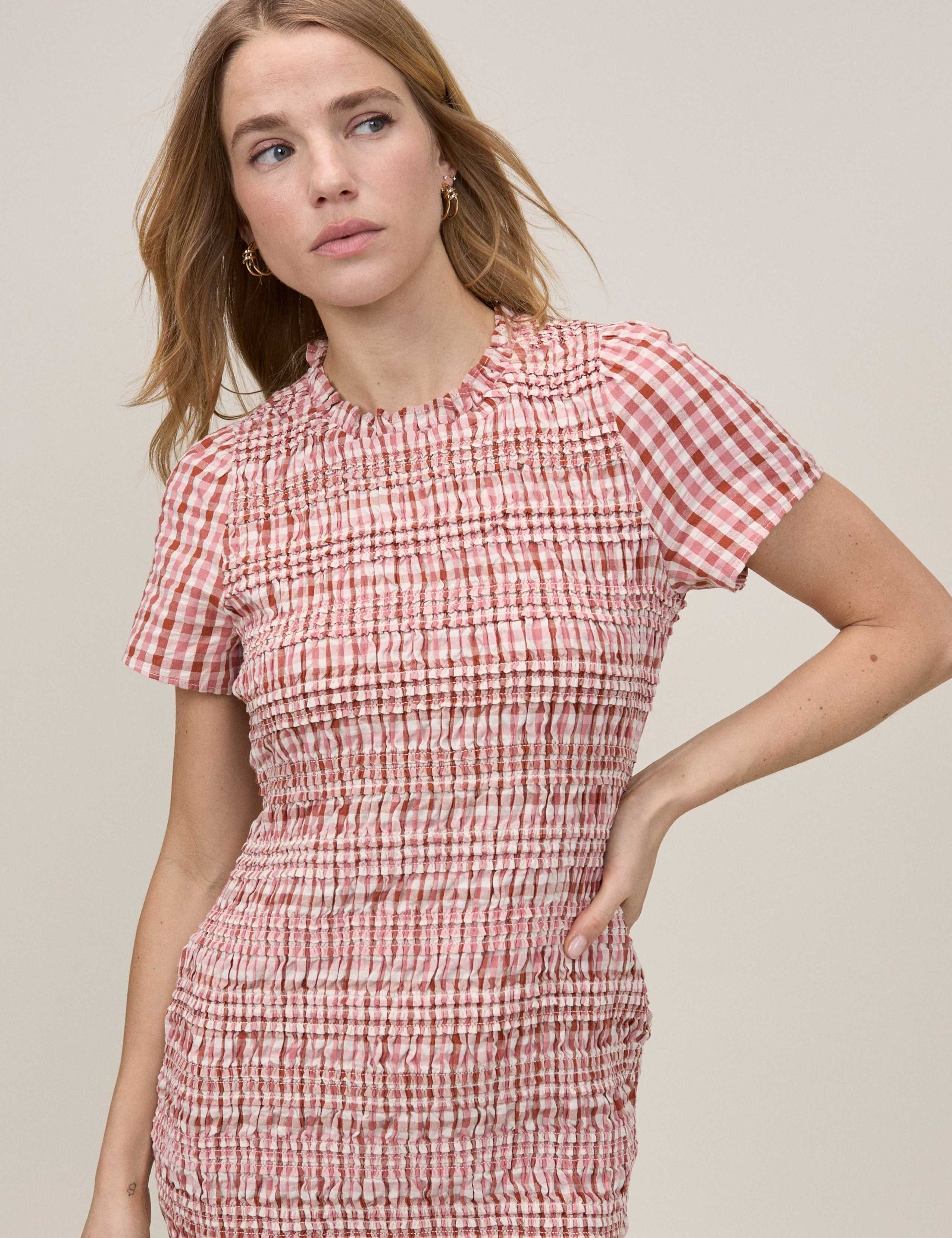 Pure Cotton Checked Mini Shirred Dress 4 of 5