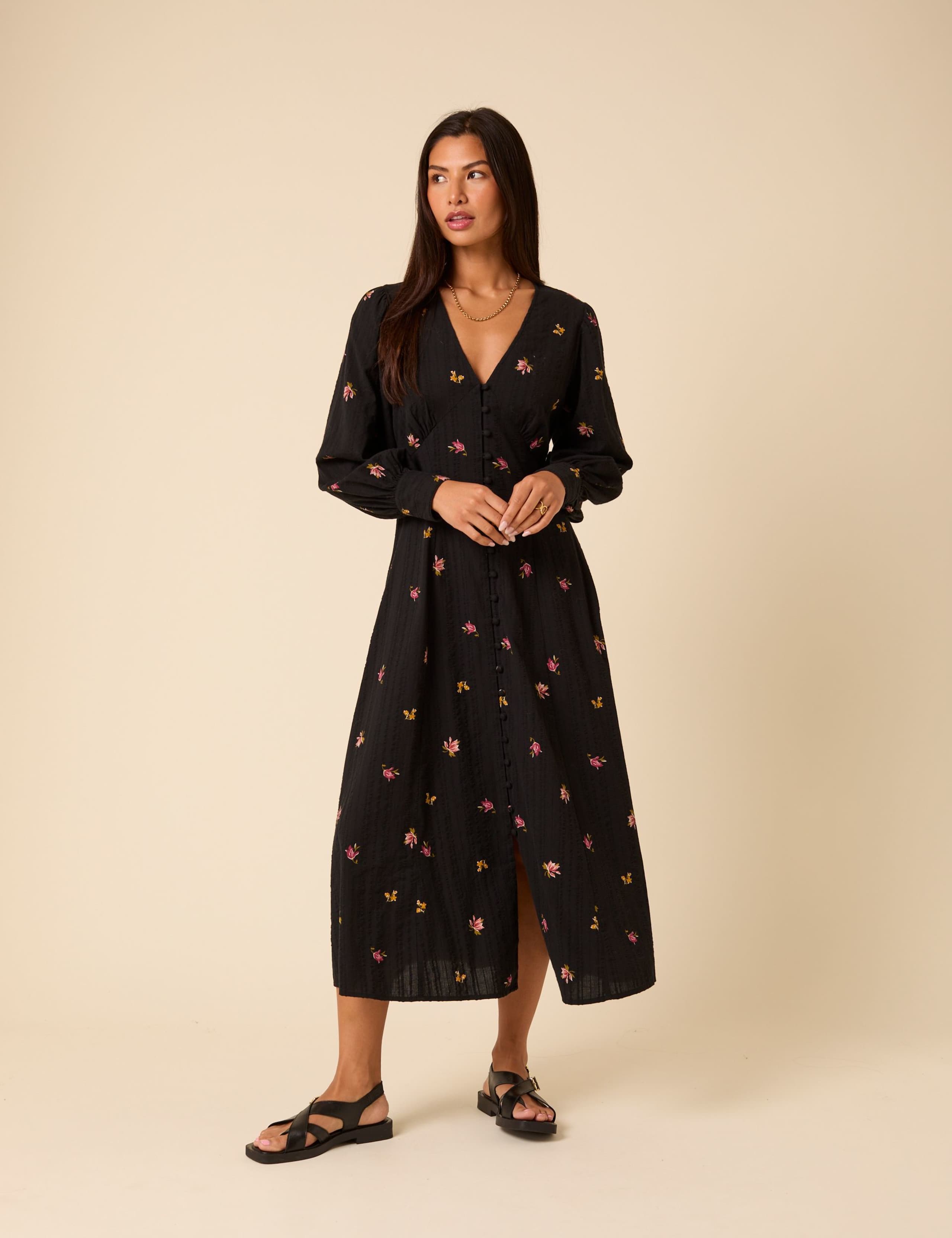 Pure Cotton Floral V-Neck Midi Waisted Dress 1 of 5