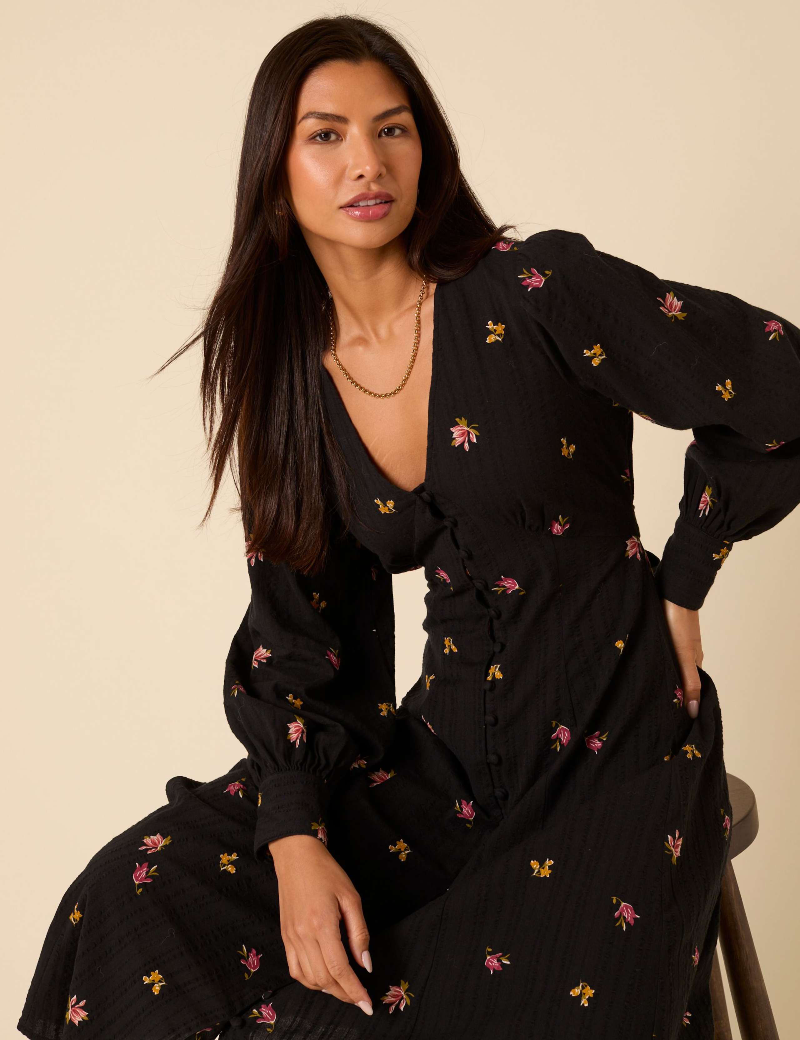 Pure Cotton Floral V-Neck Midi Waisted Dress 2 of 5