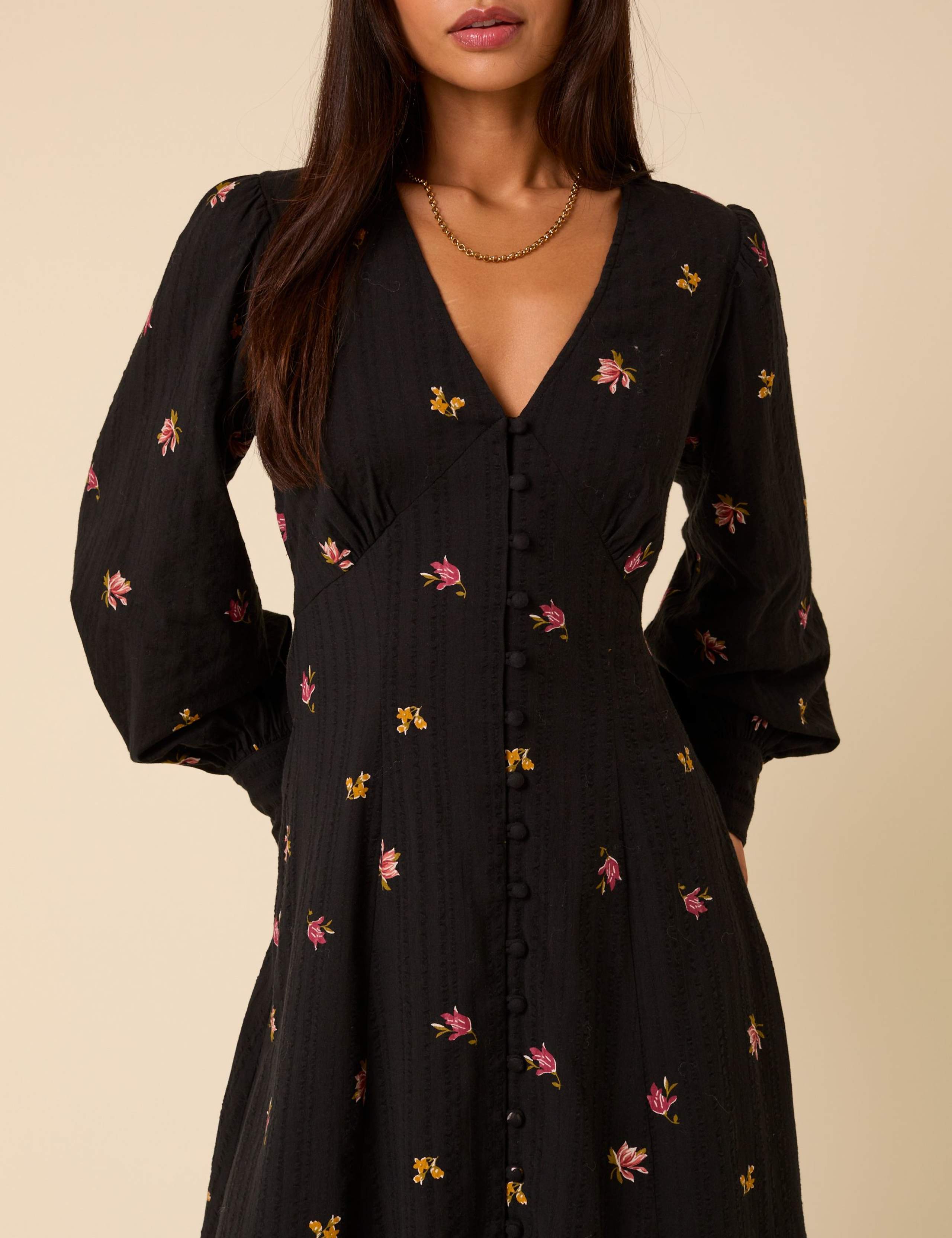 Pure Cotton Floral V-Neck Midi Waisted Dress 4 of 5