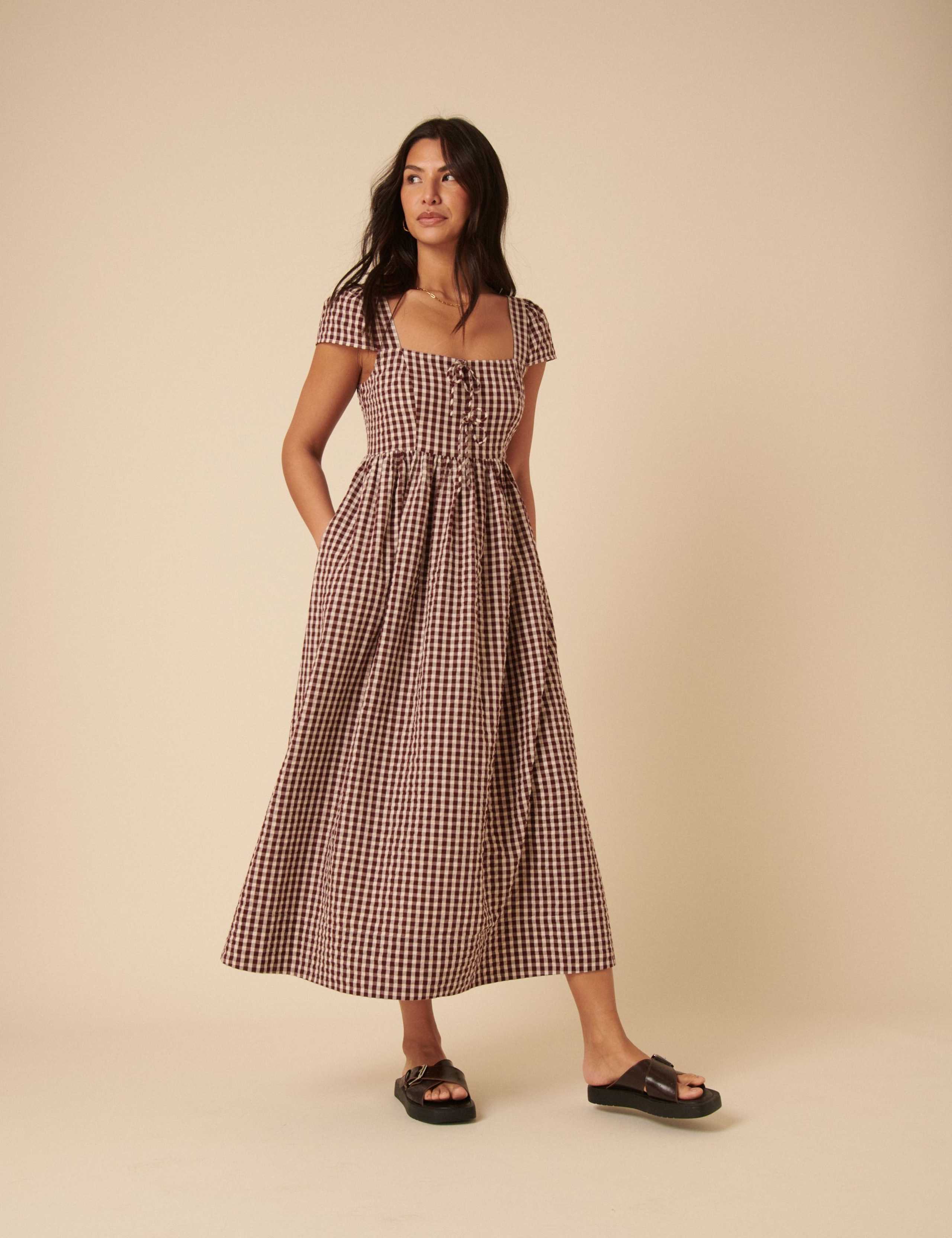 Pure Cotton Gingham Square Neck Midi Dress 1 of 5