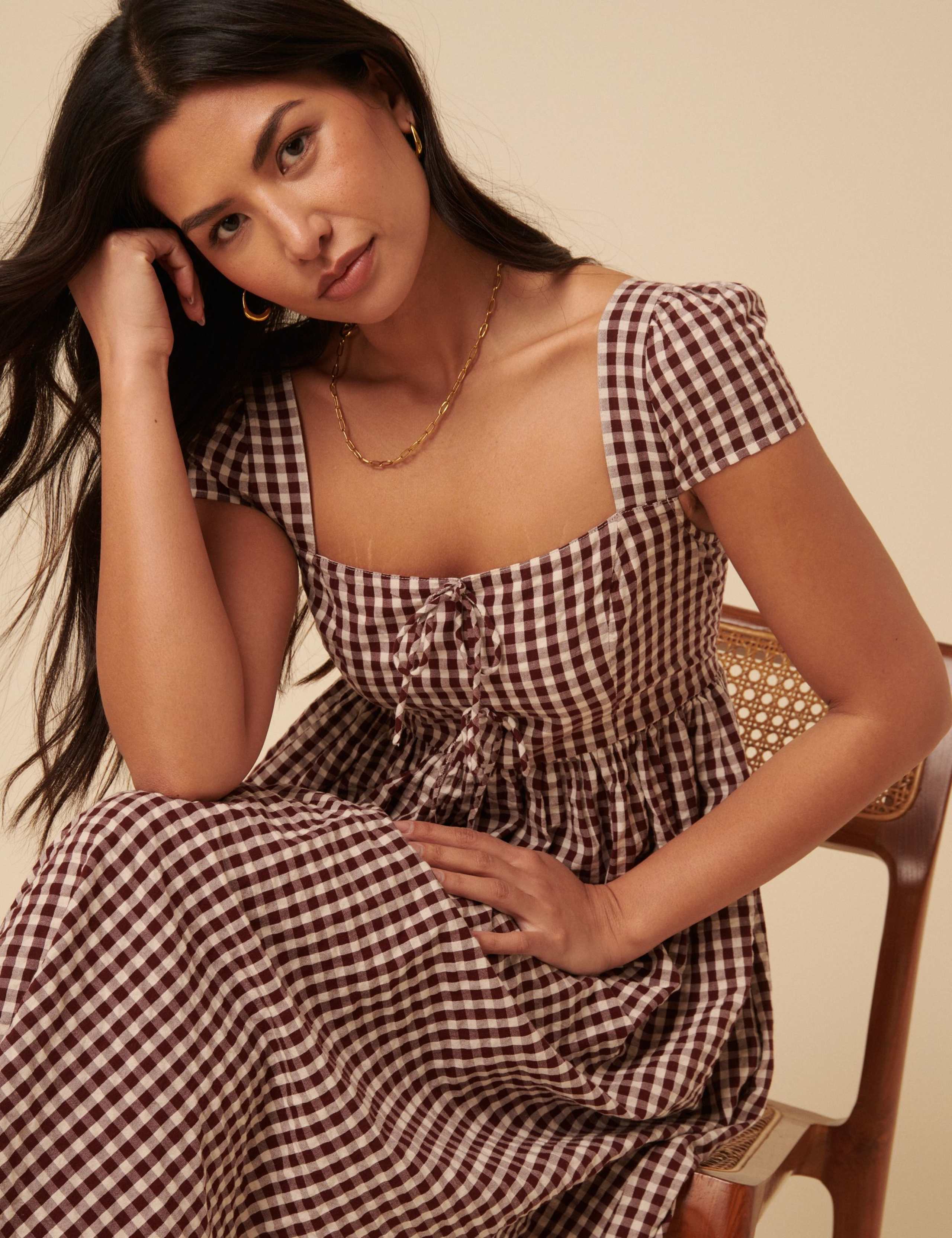 Pure Cotton Gingham Square Neck Midi Dress 3 of 5
