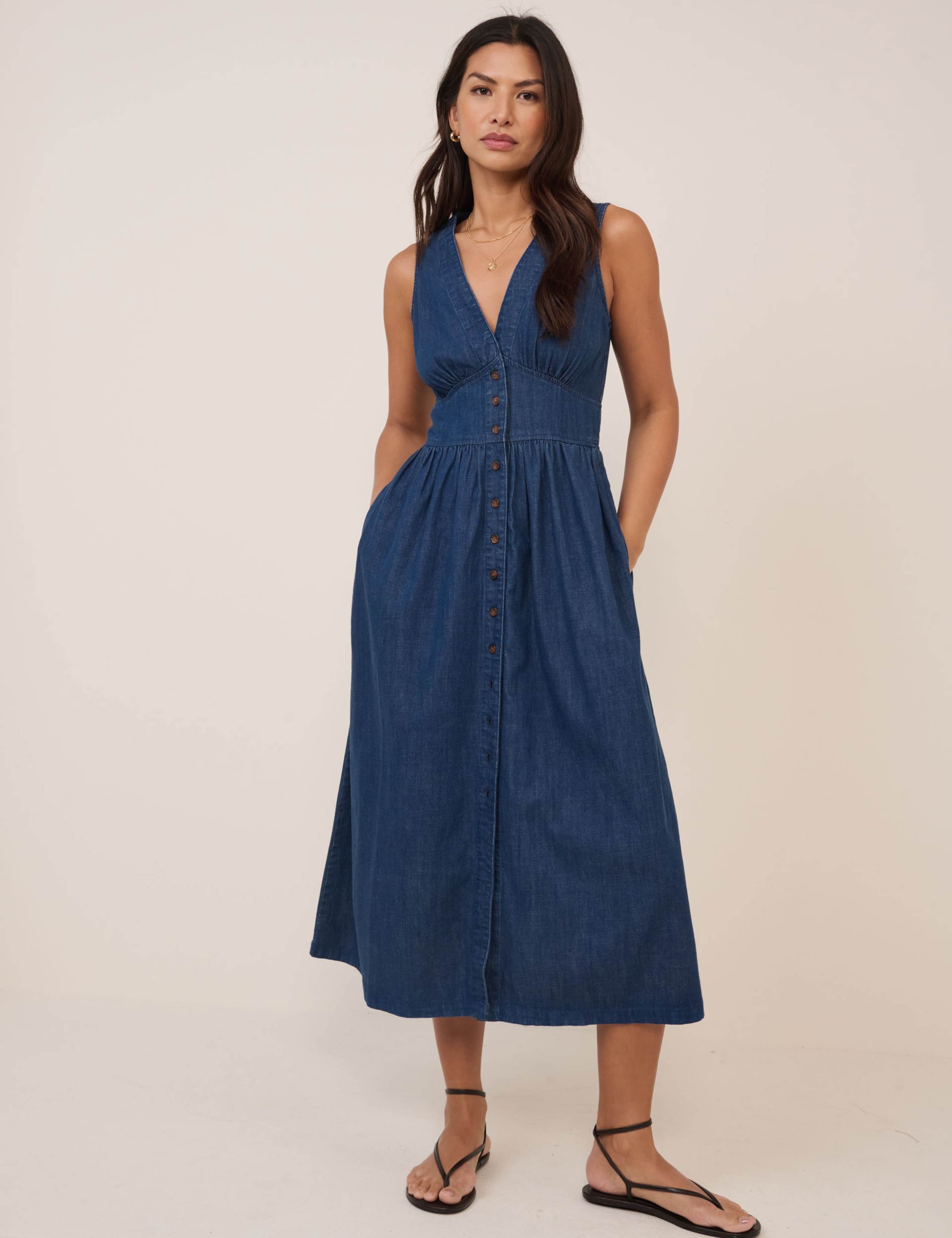 Pure Cotton V-Neck Midi Waisted Dress 1 of 5