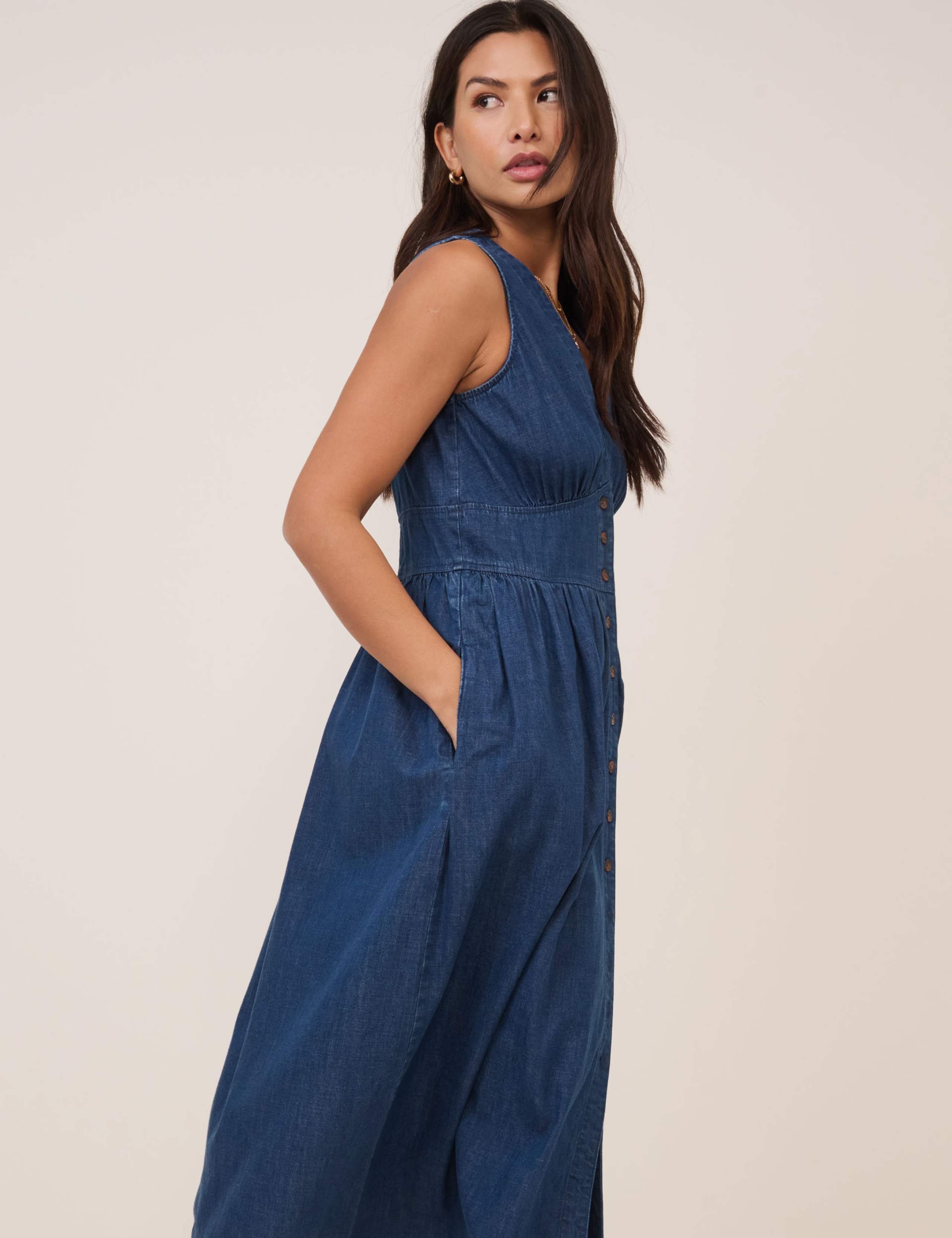 Pure Cotton V-Neck Midi Waisted Dress 2 of 5