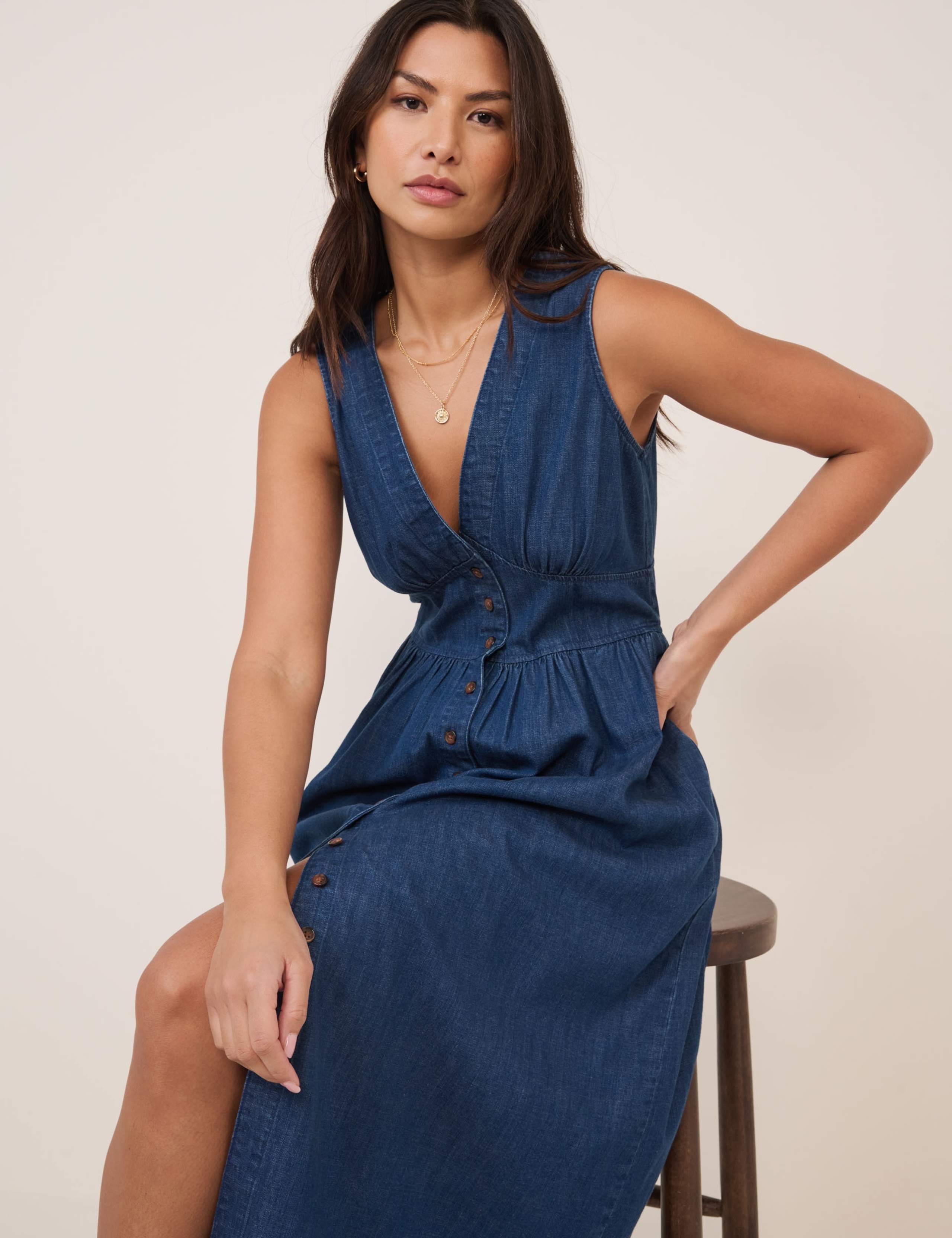 Pure Cotton V-Neck Midi Waisted Dress 4 of 5